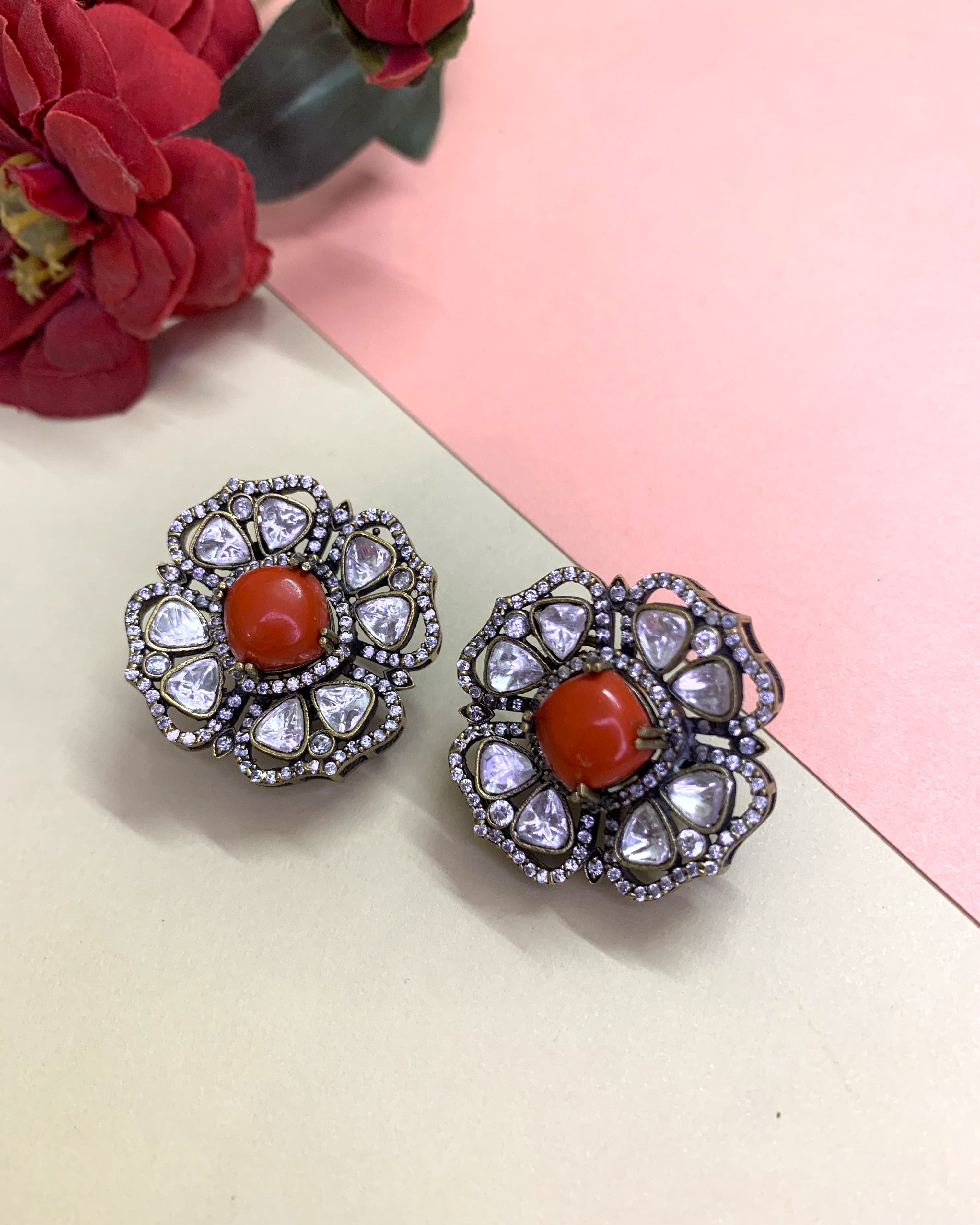OZEL BLACK PLATED KUNDAN MOISSONITE POLKI VICTORIAN LOOK CORAL STUDDED EAR STUDS