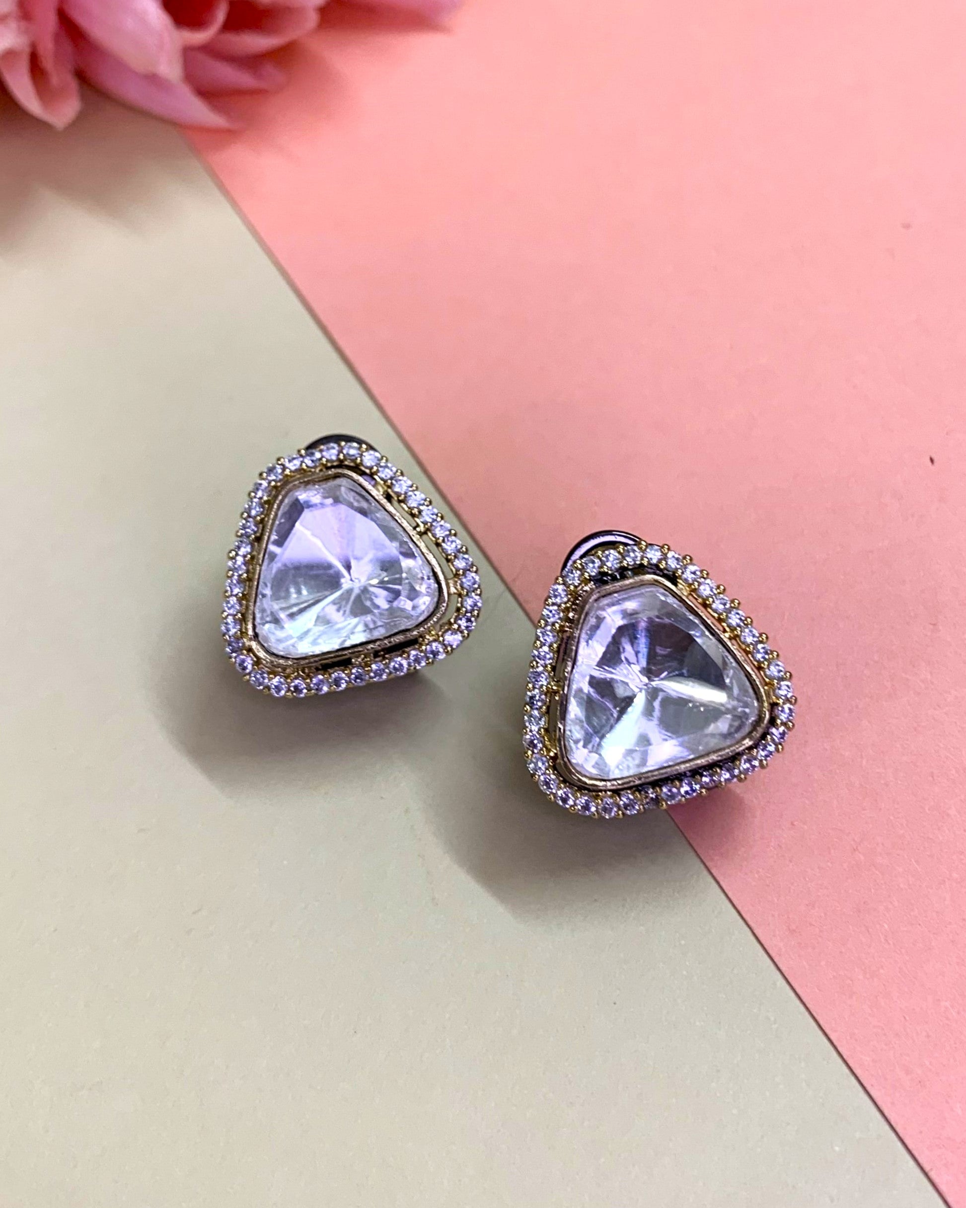 OZEL BLACK PLATED KUNDAN MOISSONITE POLKI WITH AMERICAN DIAMONDS STUDDED EAR STUDS