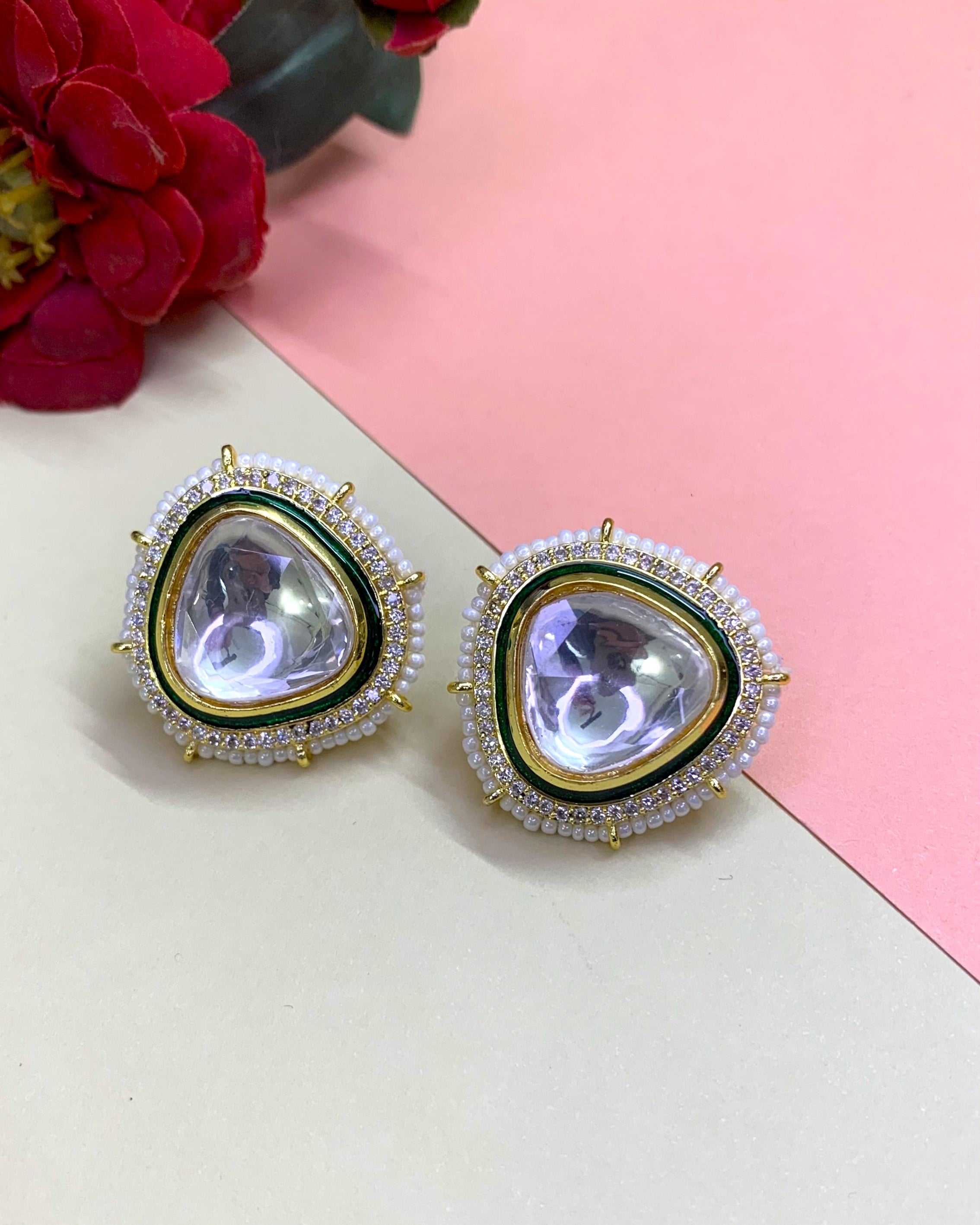 OZEL GOLD PLATED KUNDAN MOISSONITE POLKI EAR STUDS