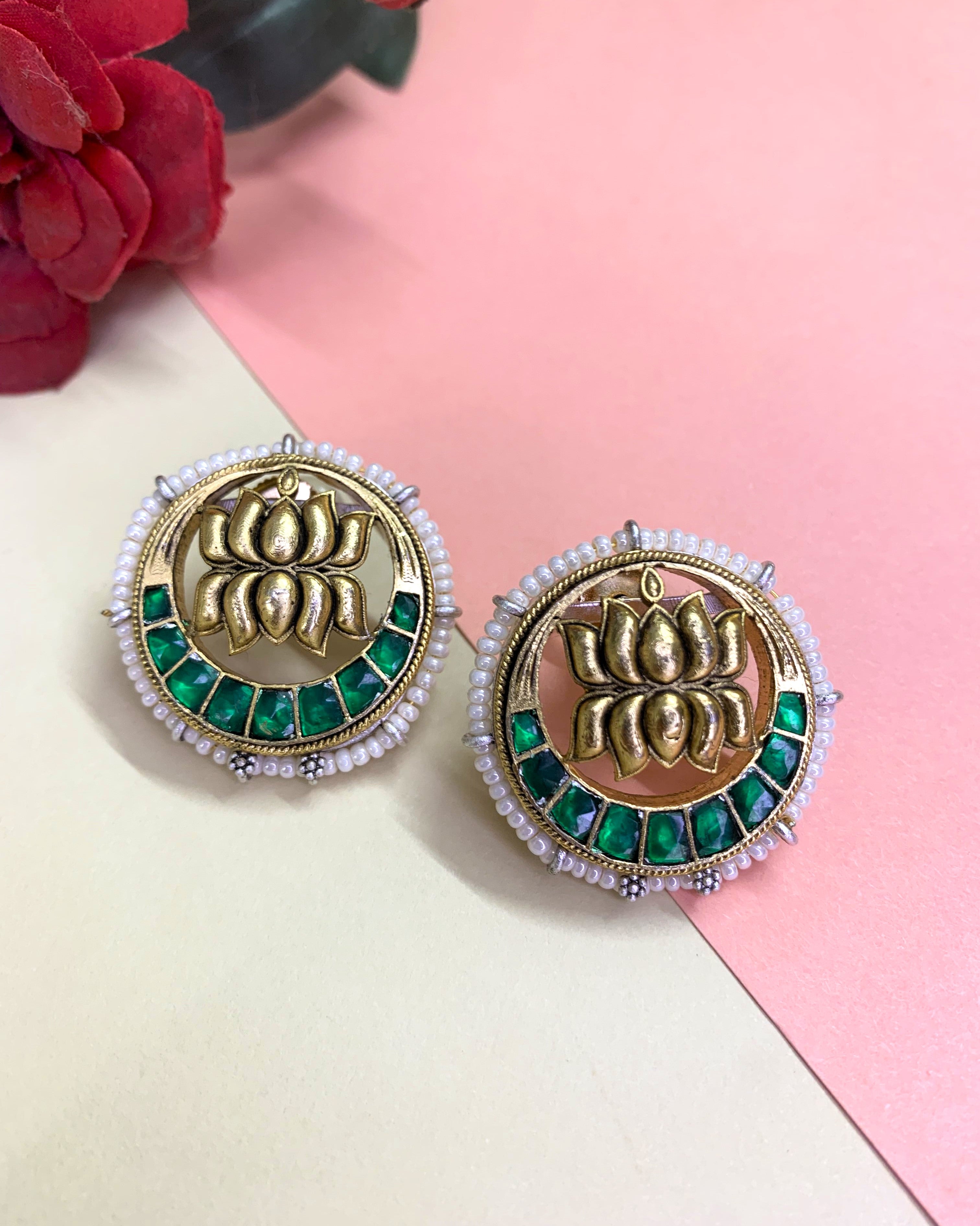 OZEL GOLD PLATED LOTUS MOTIF GREEN STONE STUDDED KUNDAN EAR STUDS