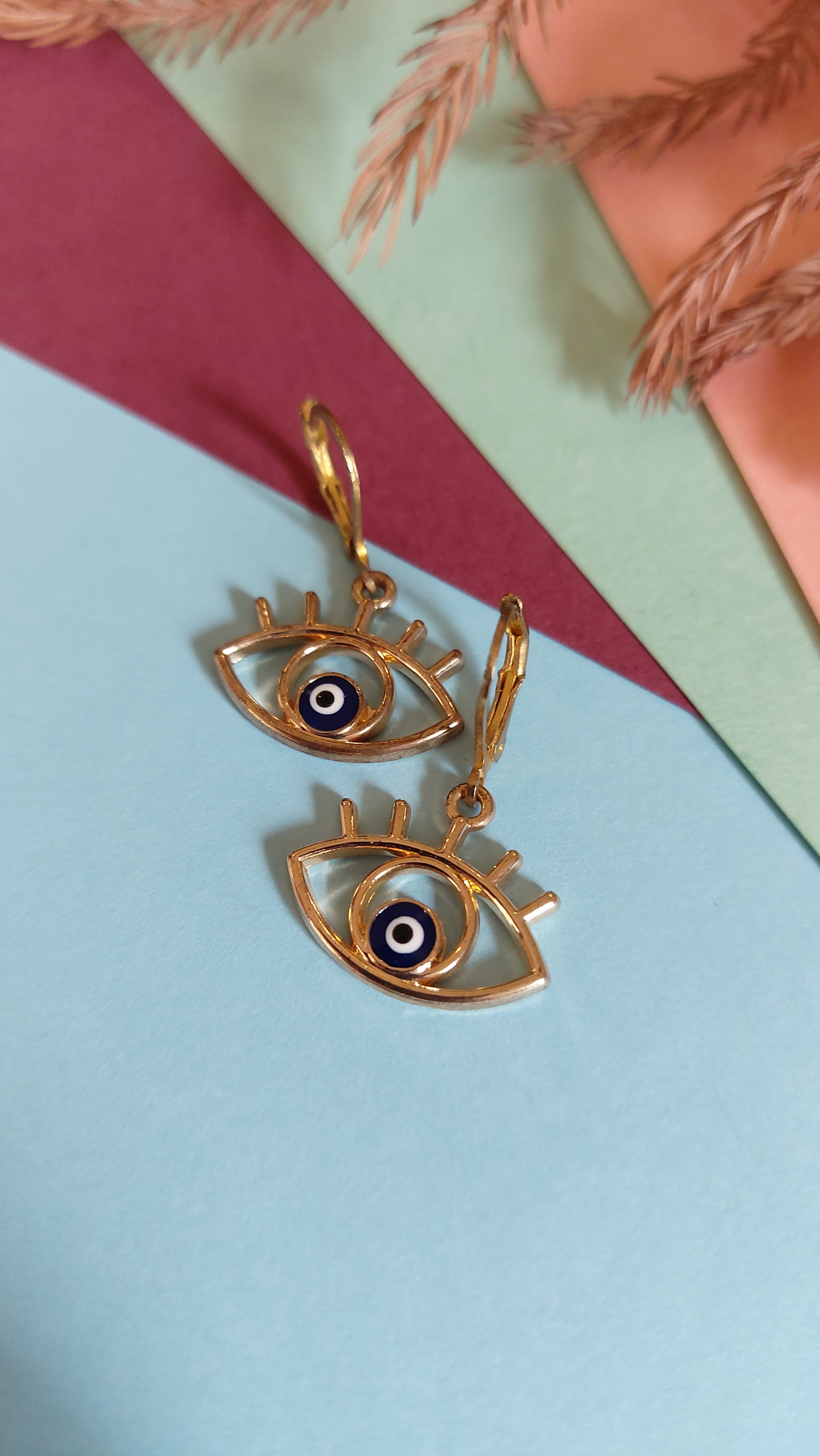 GOLD PLATED HANGING EVIL EYE EARRING