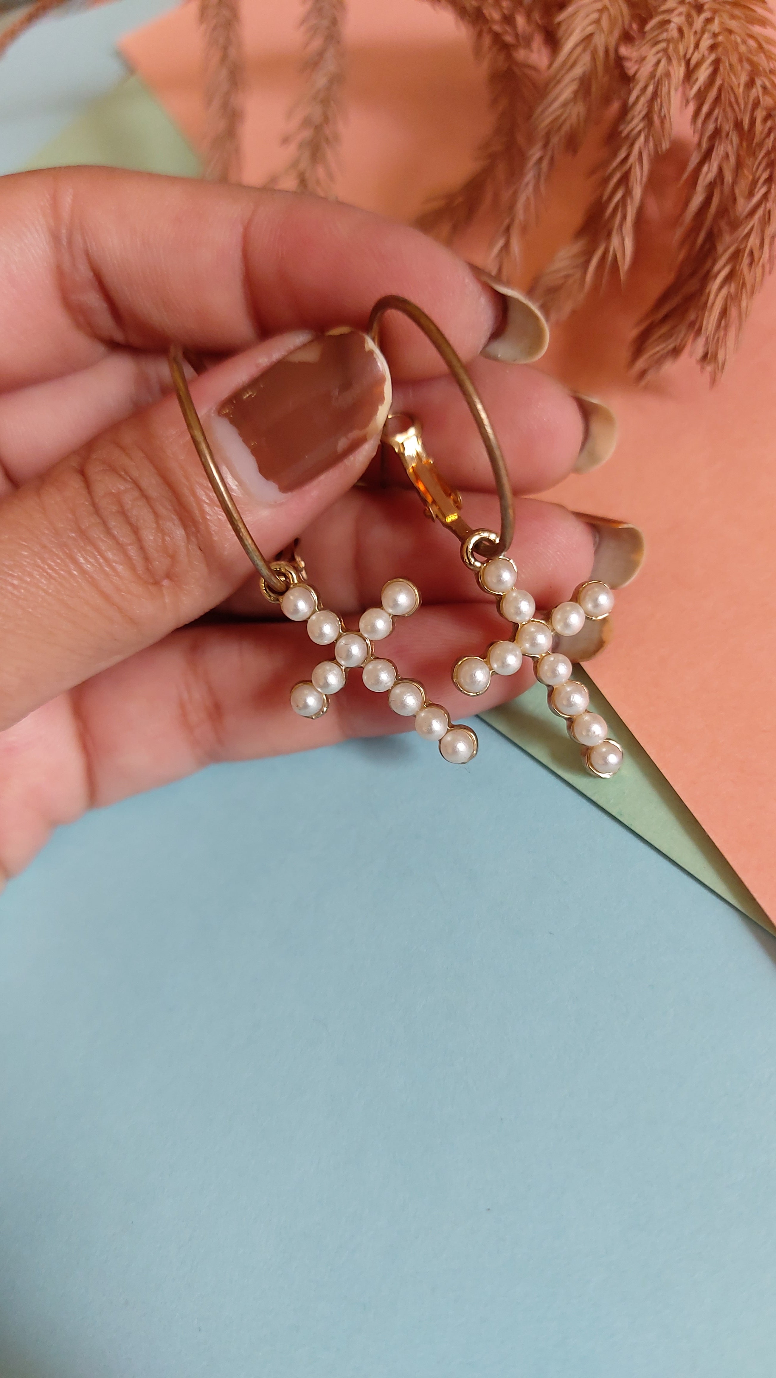 GOLD PLATED HANGING PEARL HOOP EARRING