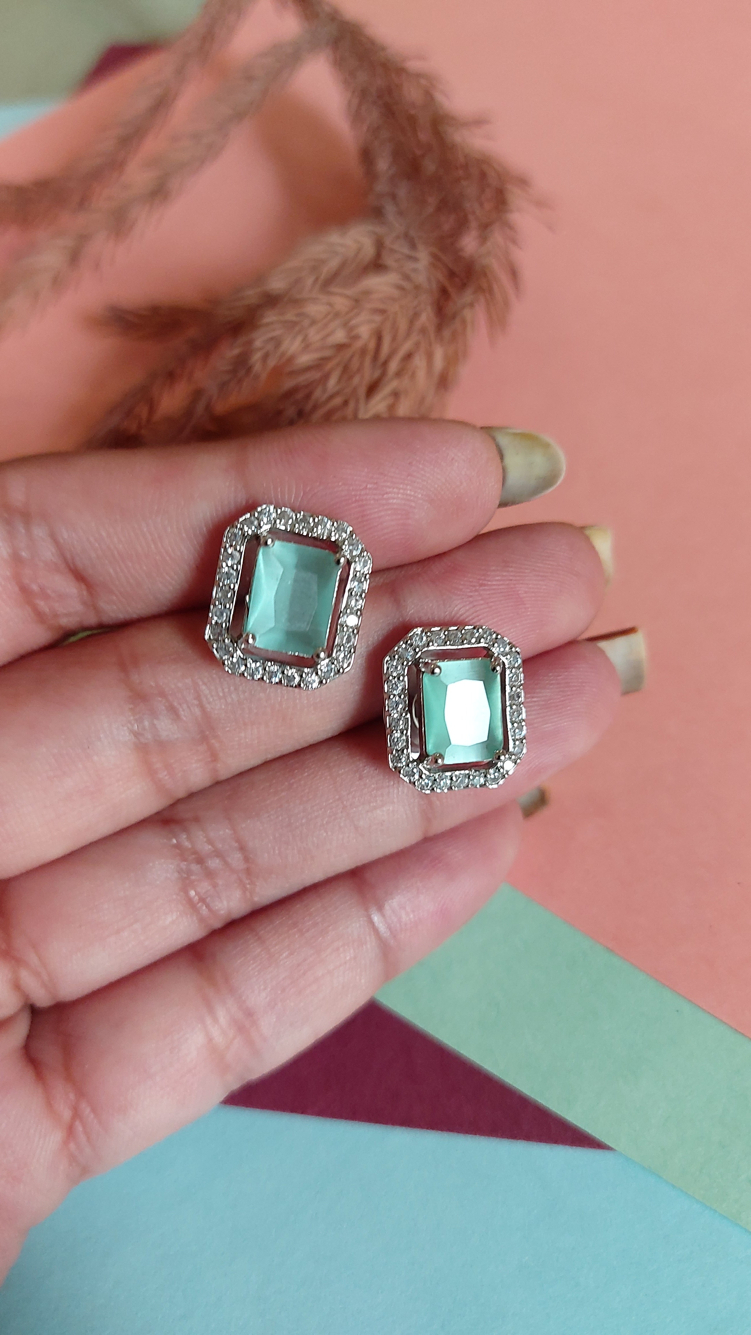 MINT GREEN STONE WITH AMERICAN DIAMOND EAR STUDS