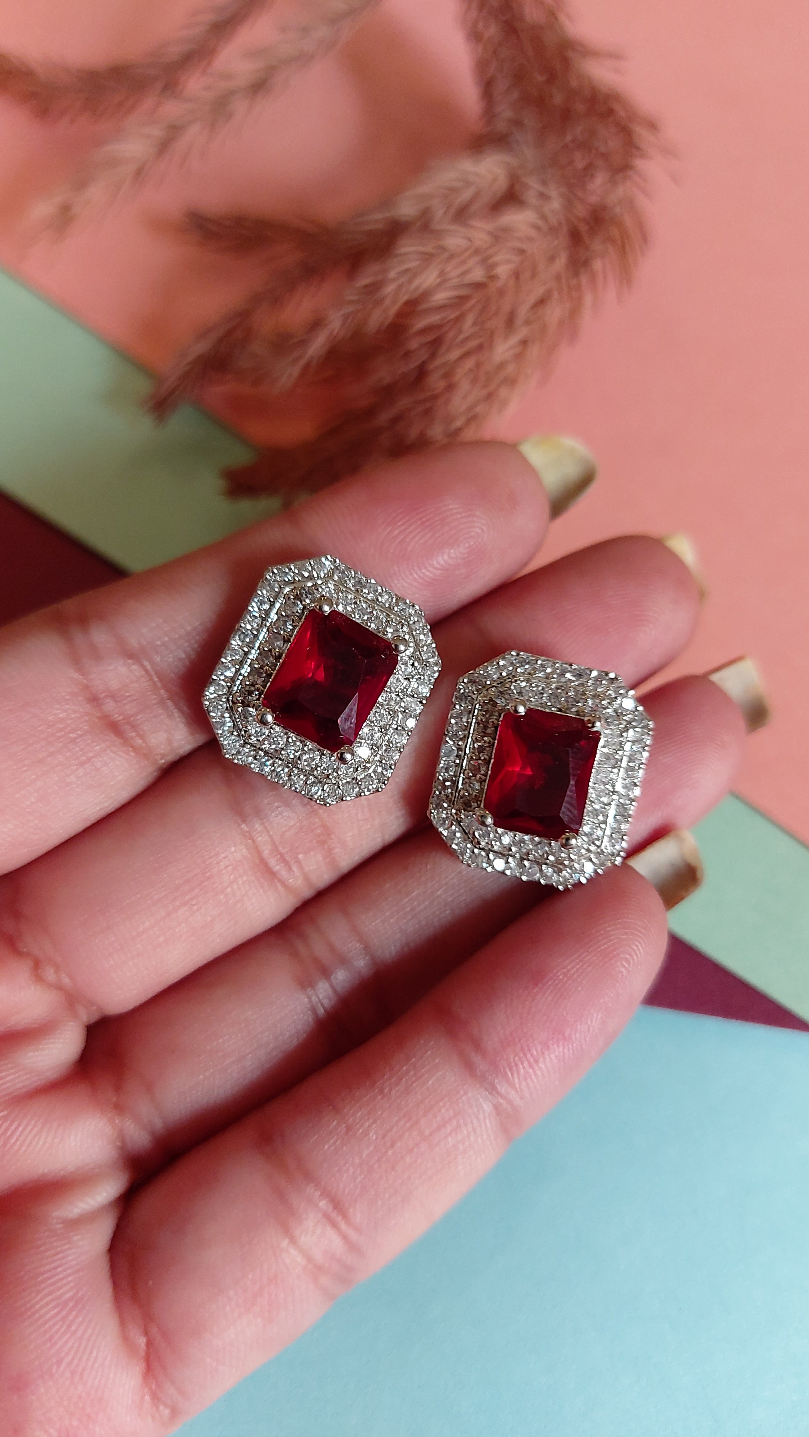 RUBY RED STONE WITH AMERICAN DIAMOND EAR STUDS