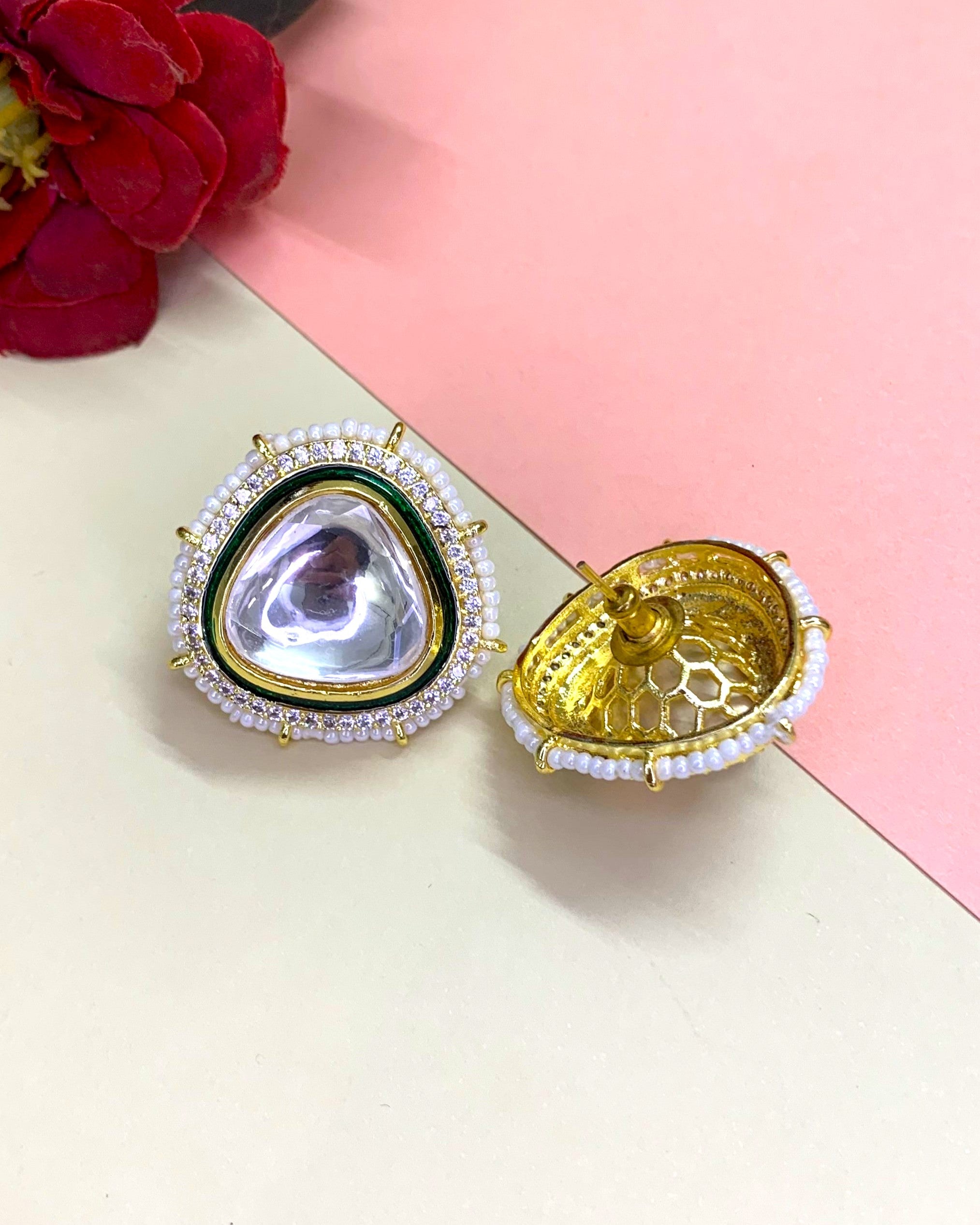 OZEL GOLD PLATED KUNDAN MOISSONITE POLKI EAR STUDS