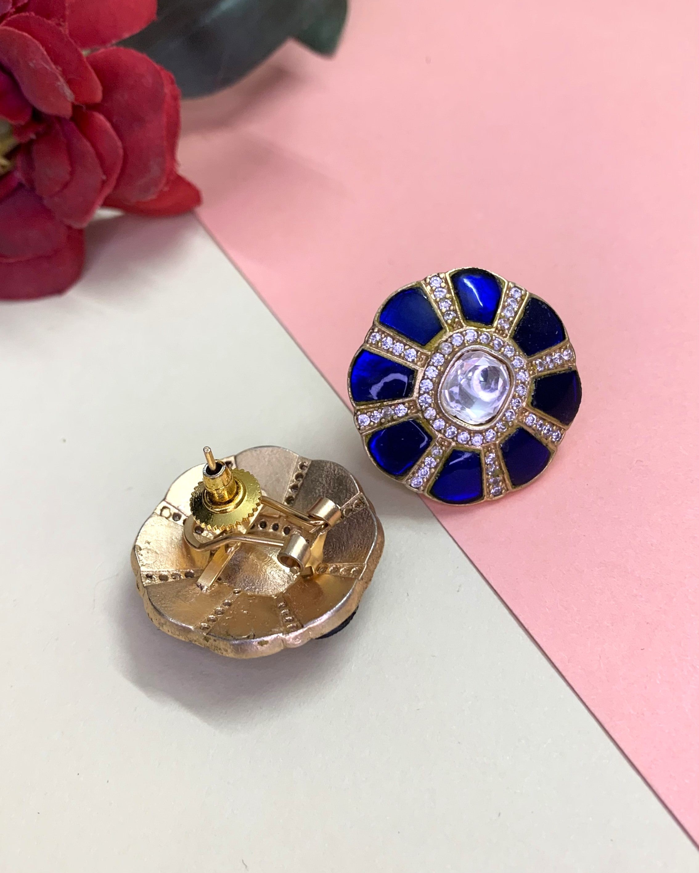 OZEL GOLD PLATED KUNDAN MOISSONITE POLKI AND BLUE STONE STUDDED EAR STUDS