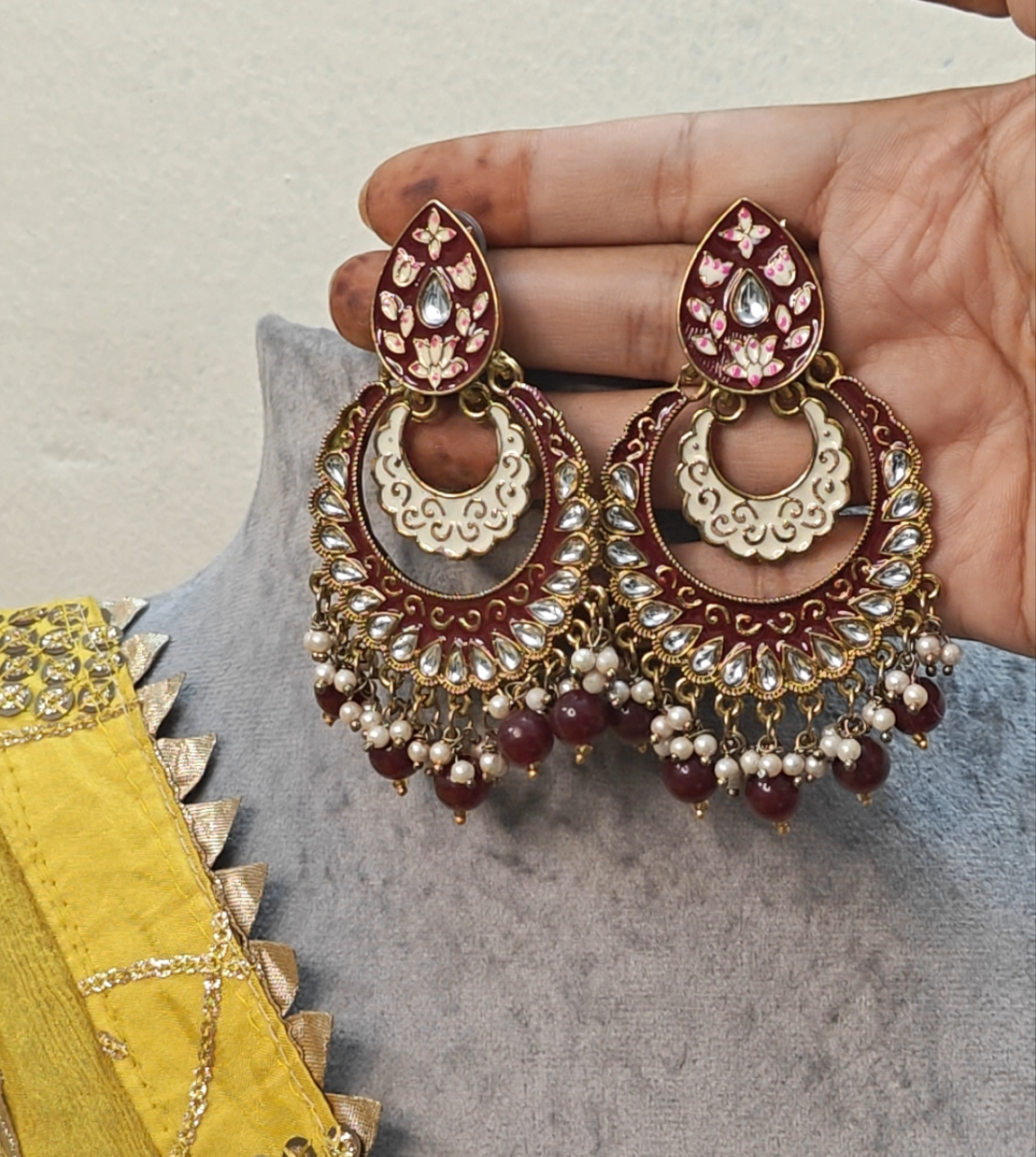 Kundan Chandbali Earrings with Red Beads