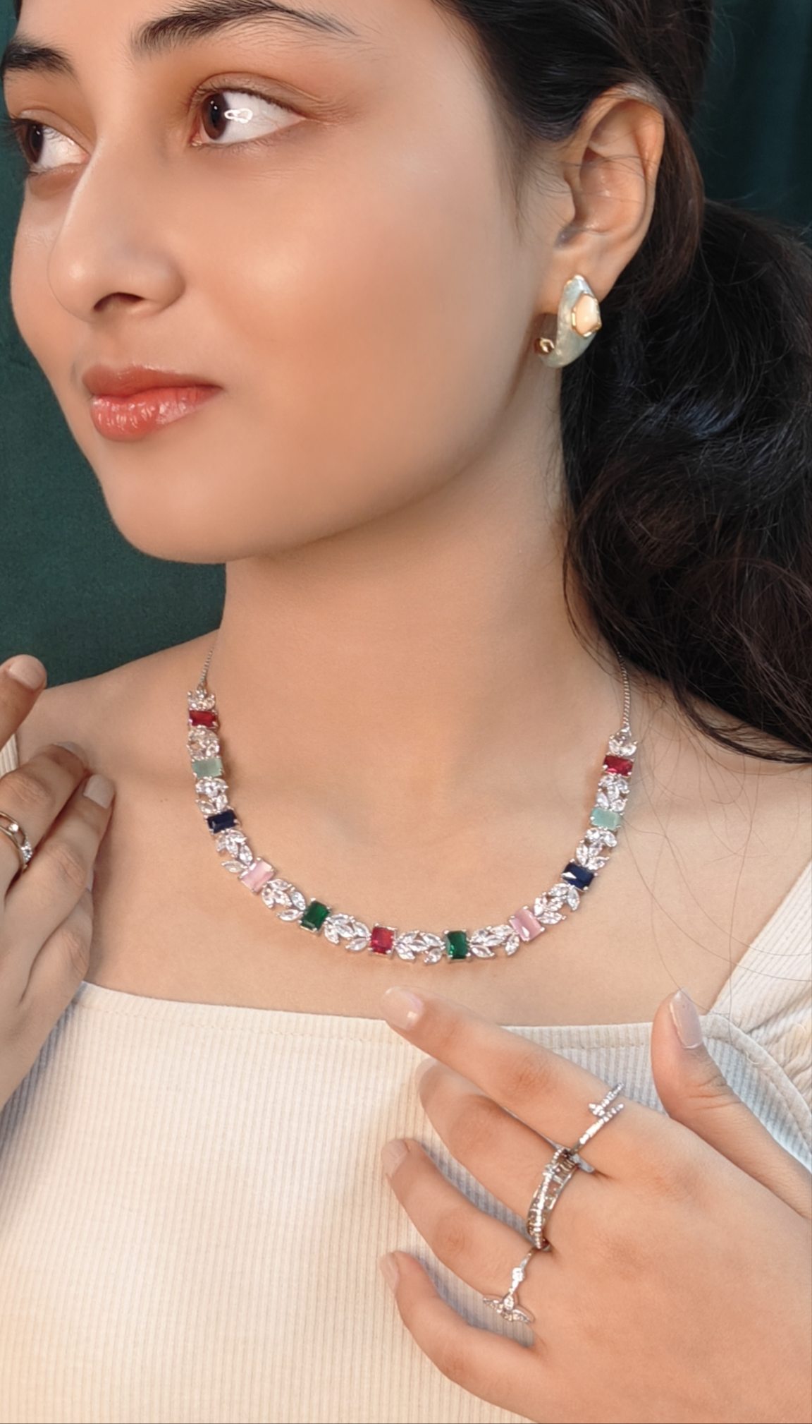 Multi Coloured Stone with American Diamonds Necklace Set
