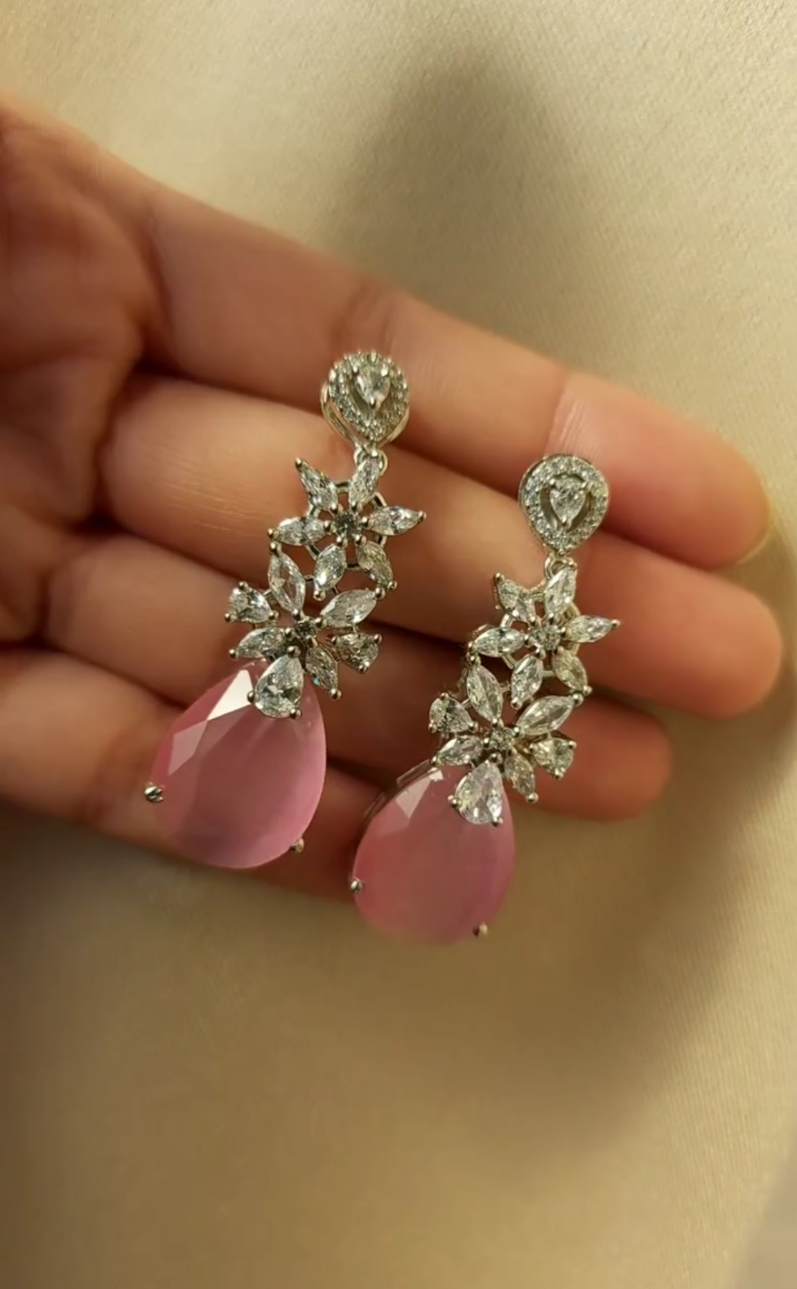 American Diamond and Rose Quartz Drop Earrings