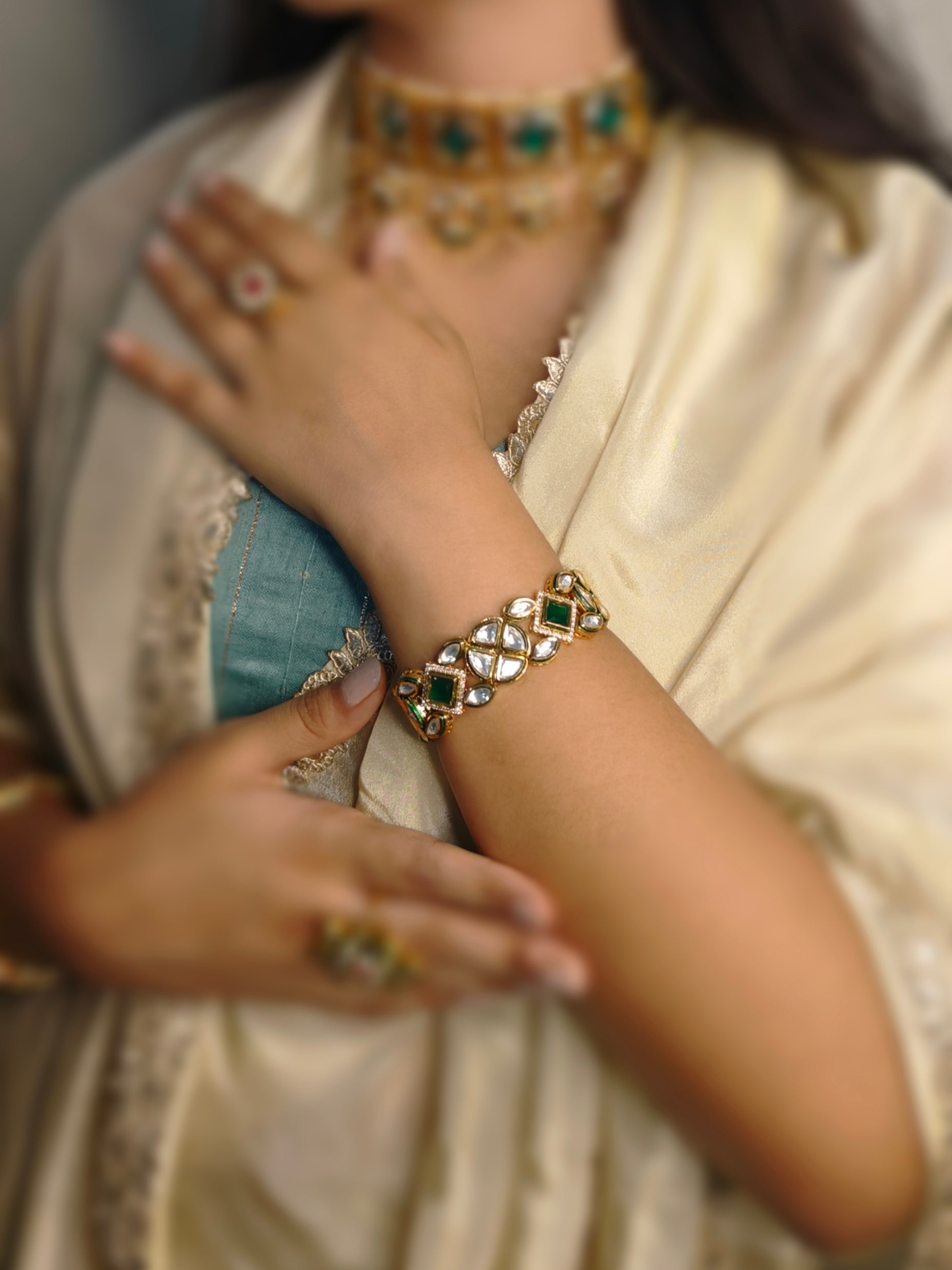 Kundan And Polki with Emerald Stones Gold Plated Flexible Bracelet