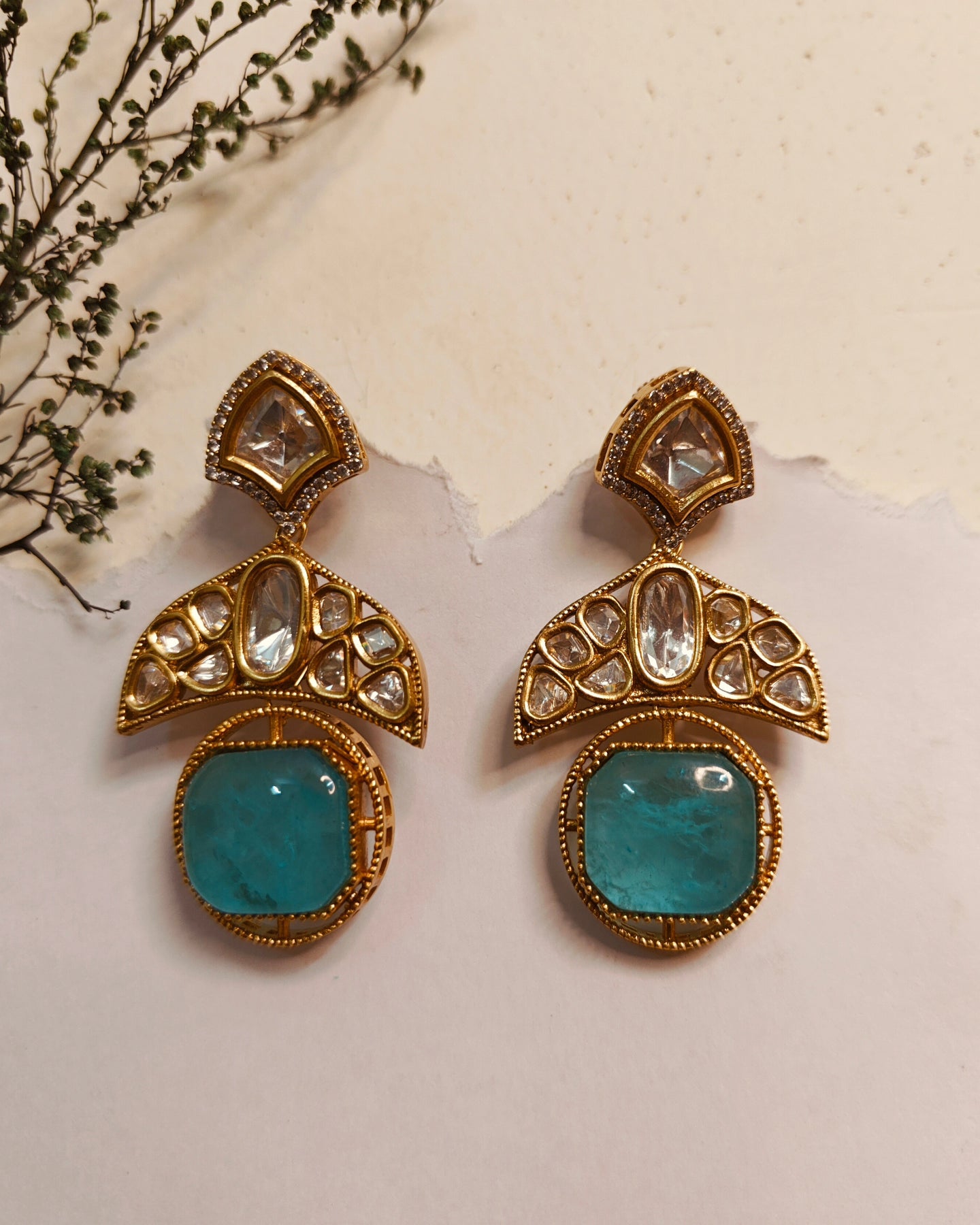 Ozel Kundan and Polki Dangling Earrings with Turquoise Cabachon Stone