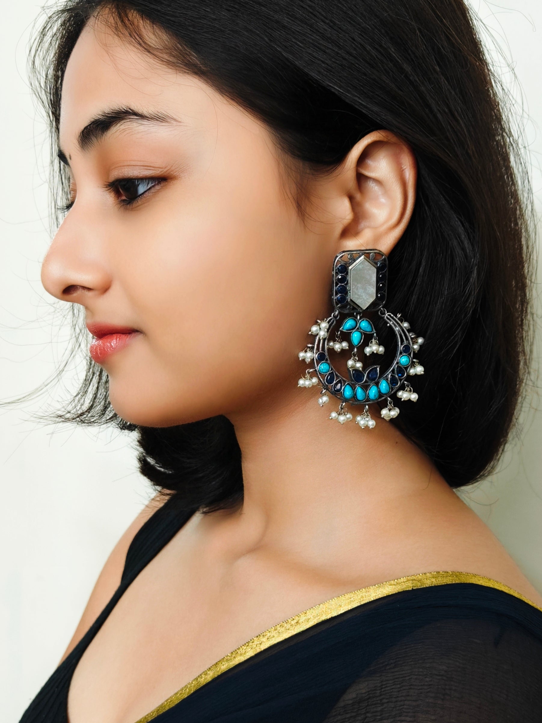 Ozel Oxidised Silver Plated Chandbali Earrings