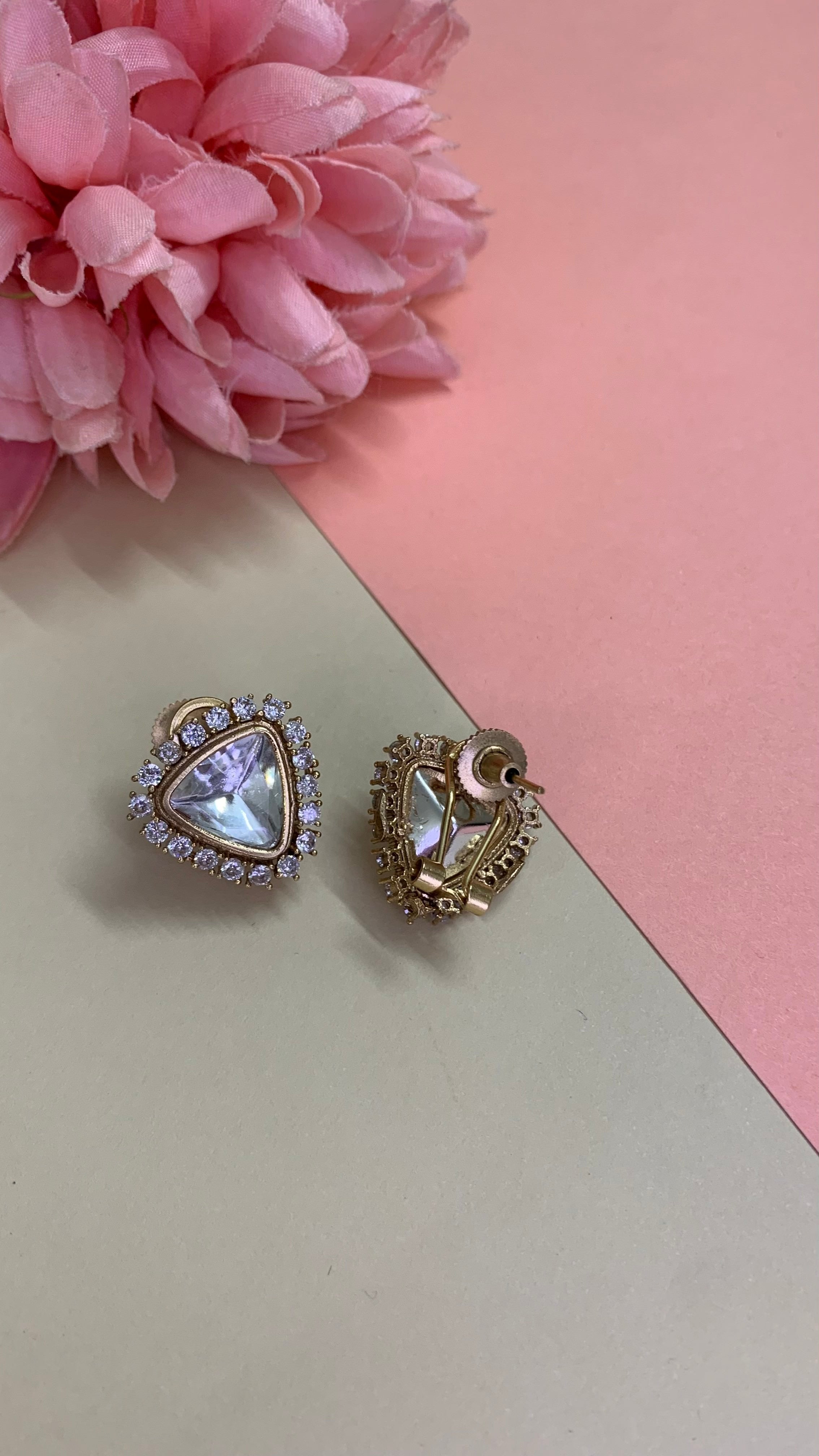 OZEL GOLD PLATED KUNDAN MOISSONITE POLKI WITH AMERICAN DIAMONDS STUDDED EAR STUDS