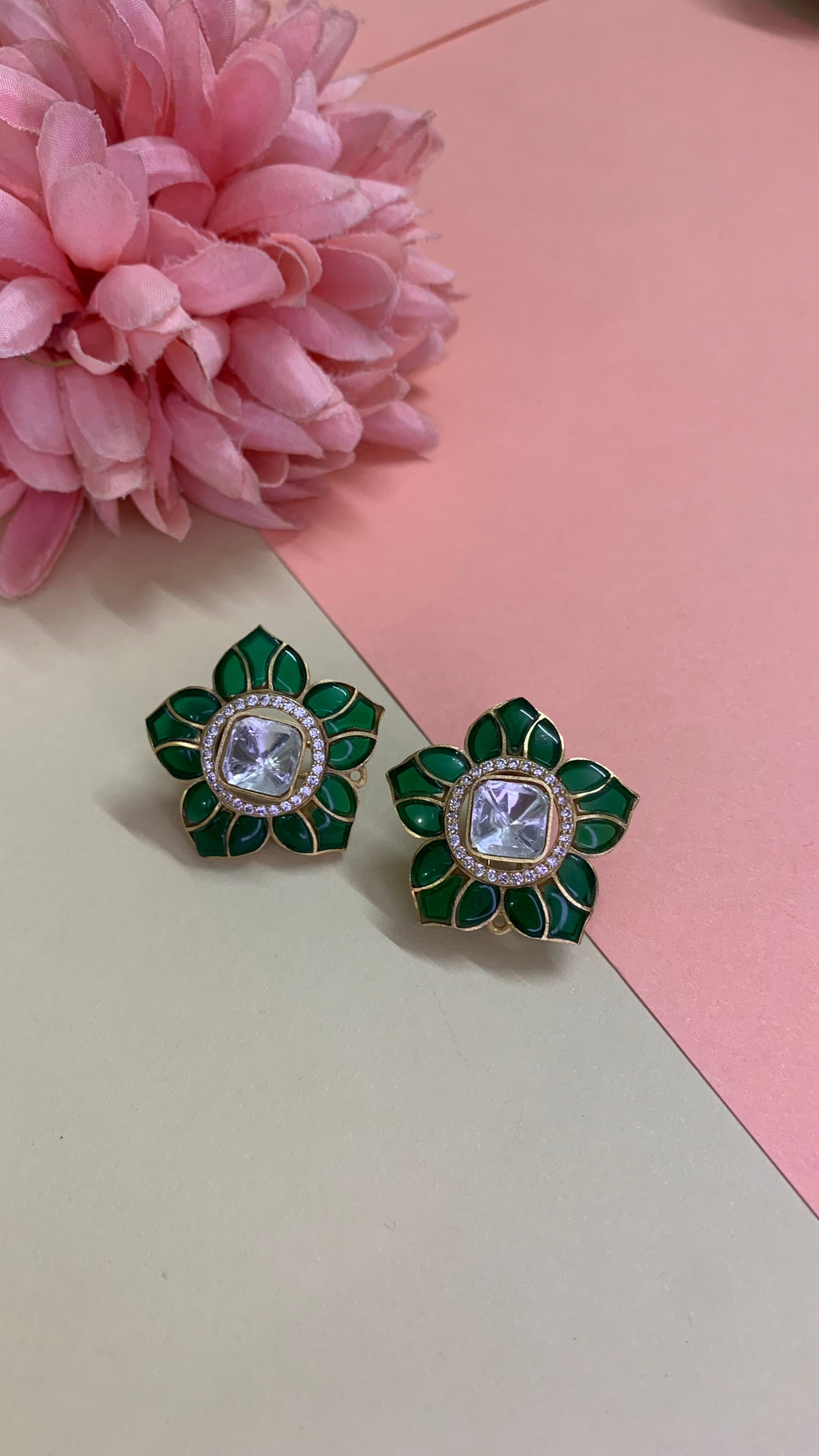 OZEL GOLD PLATED KUNDAN MOISSONITE POLKI AND GREEN STONE STUDDED FLOWER EAR STUDS