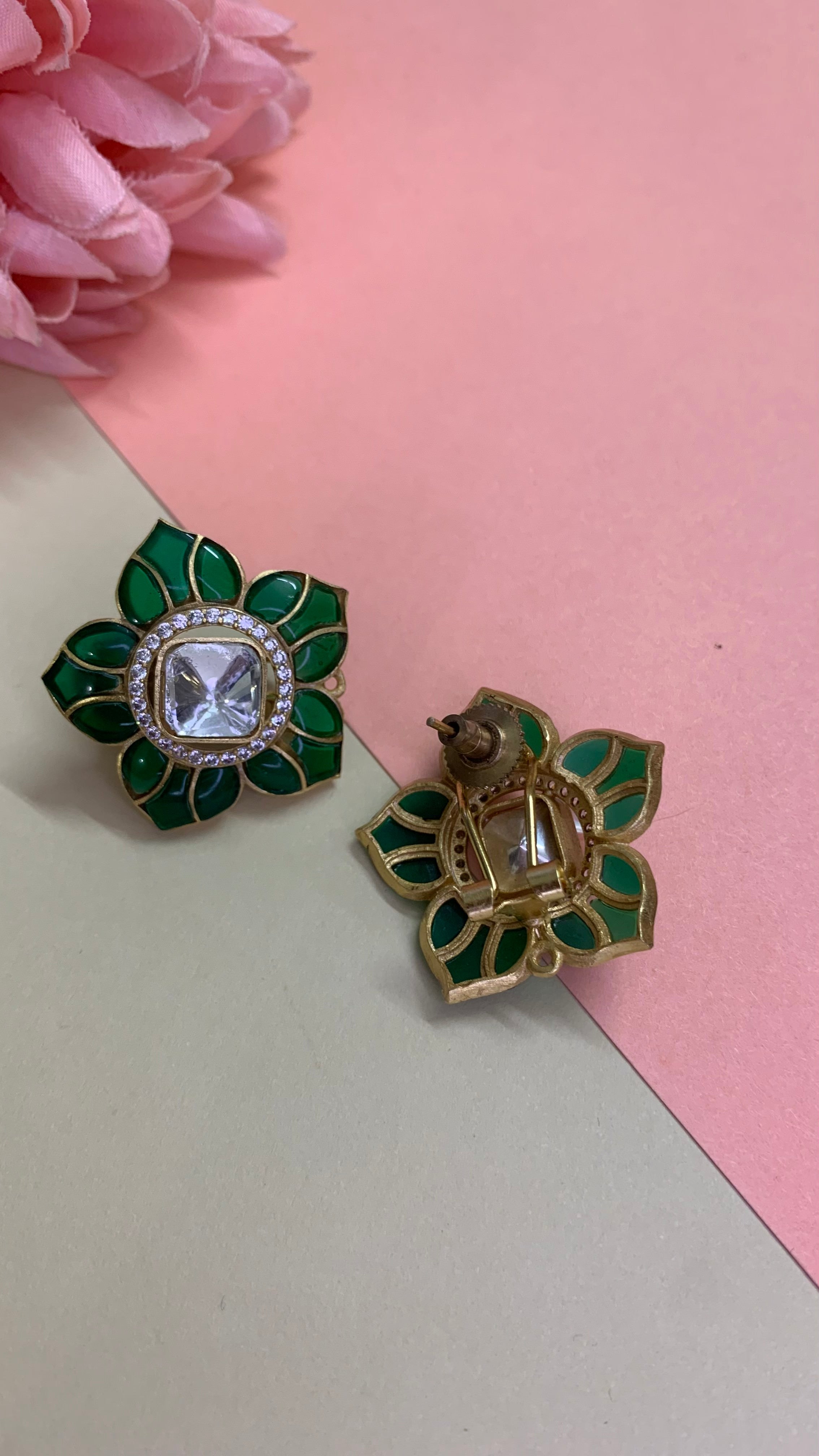 OZEL GOLD PLATED KUNDAN MOISSONITE POLKI AND GREEN STONE STUDDED FLOWER EAR STUDS
