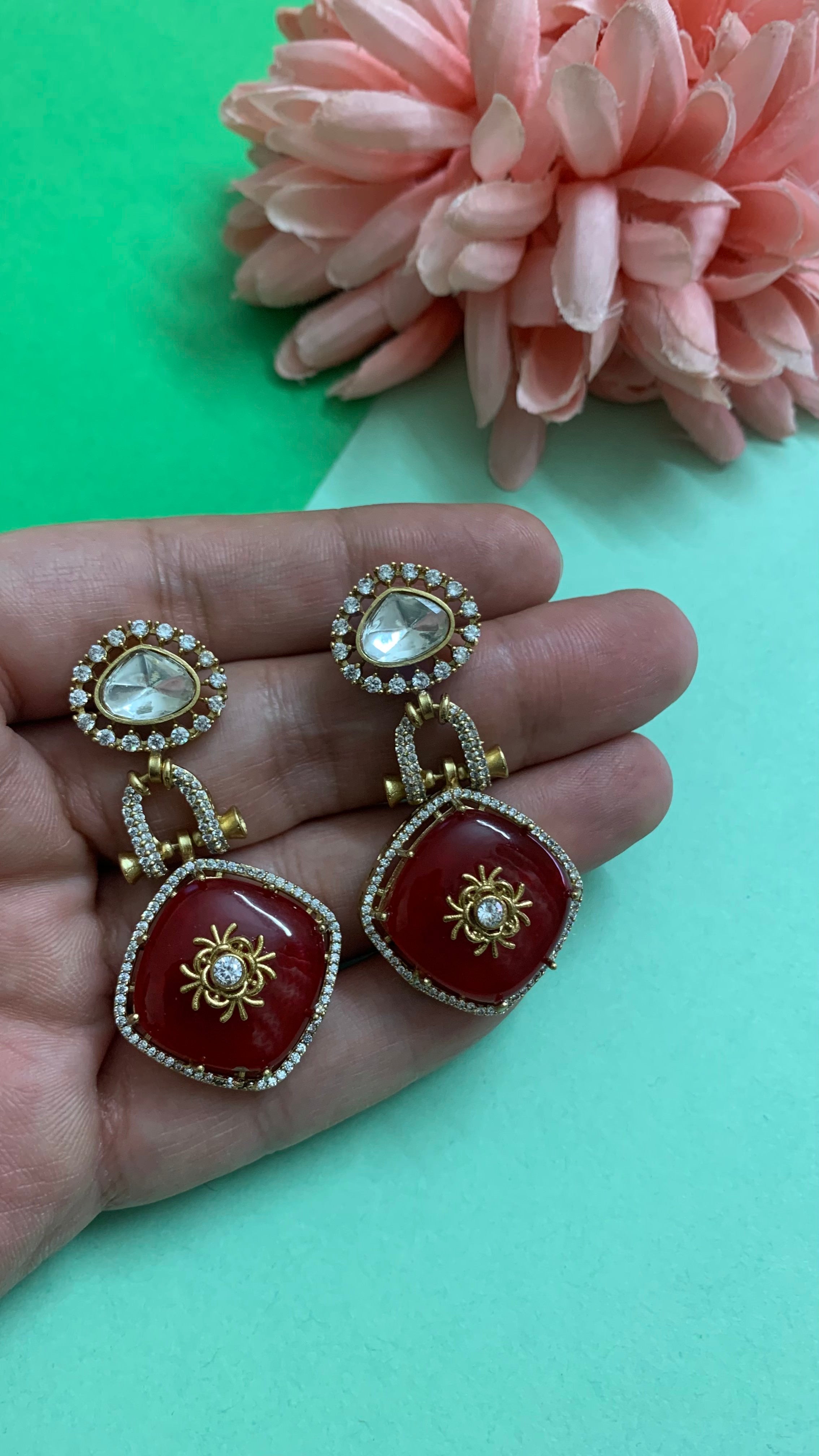 OZEL GOLD PLATED KUNDAN MOISSONITE POLKI STONES AND RED STONE DROP EARRINGS