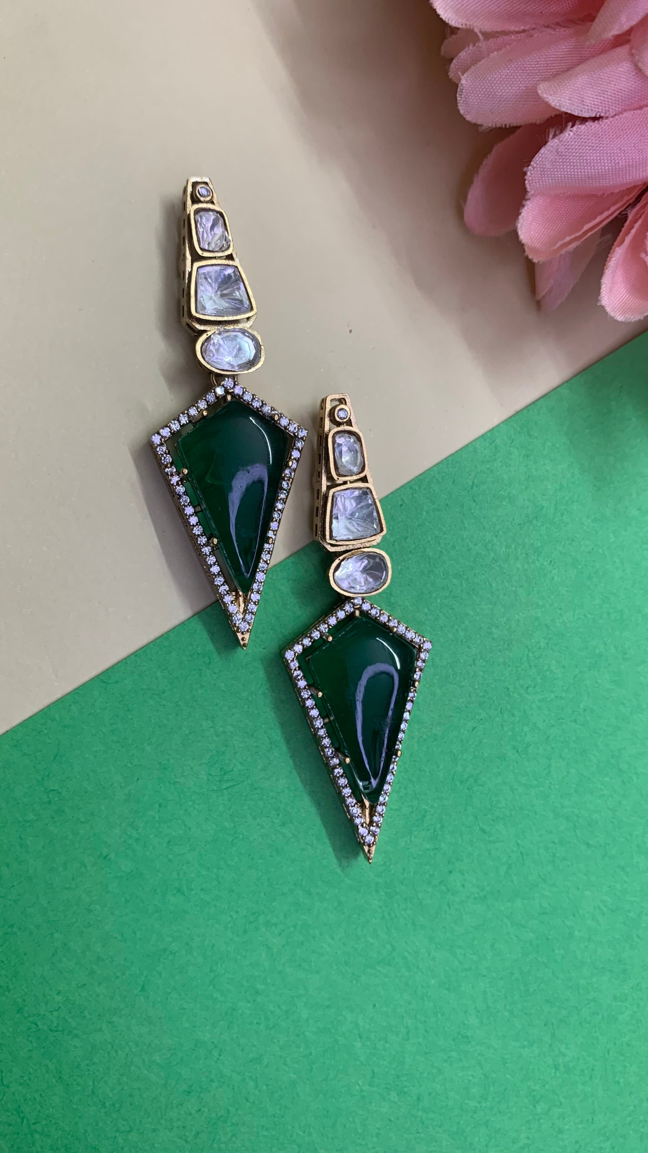 OZEL GOLD PLATED KUNDAN MOISSONITE POLKI AND EMERALD GREEN STONE EARRINGS