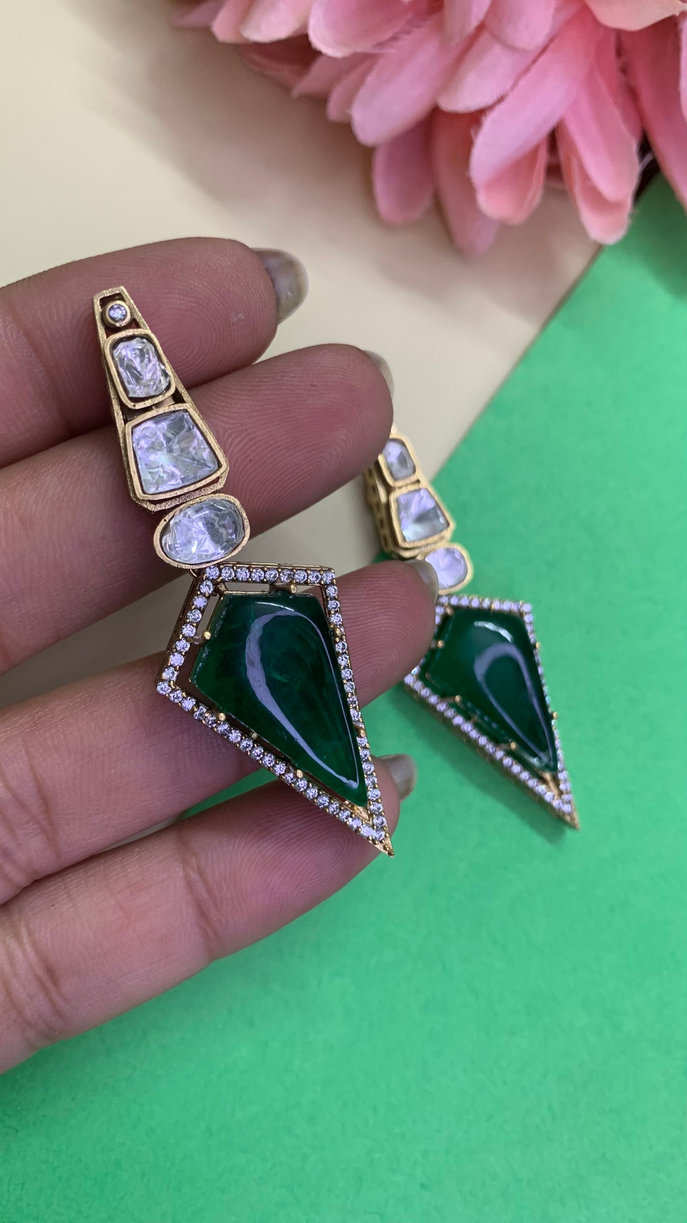 OZEL GOLD PLATED KUNDAN MOISSONITE POLKI AND EMERALD GREEN STONE EARRINGS