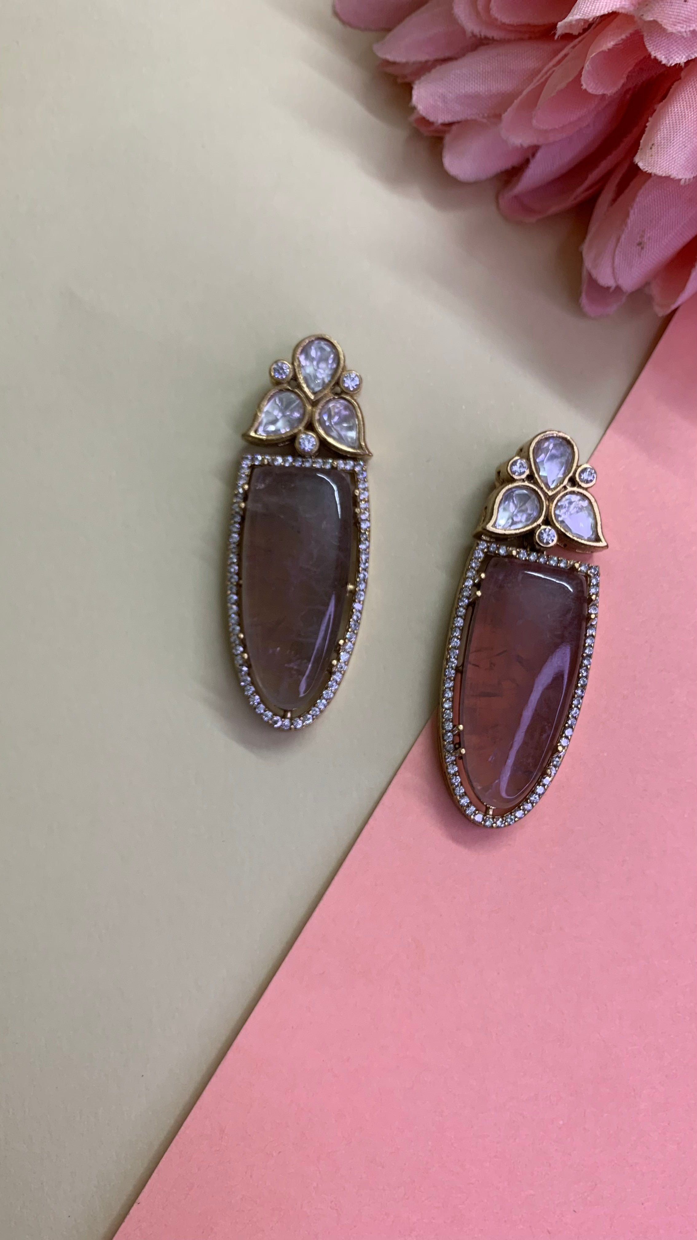 OZEL GOLD PLATED KUNDAN MOISSONITE POLKI AND ROSE QUARTZ STONE EARRINGS