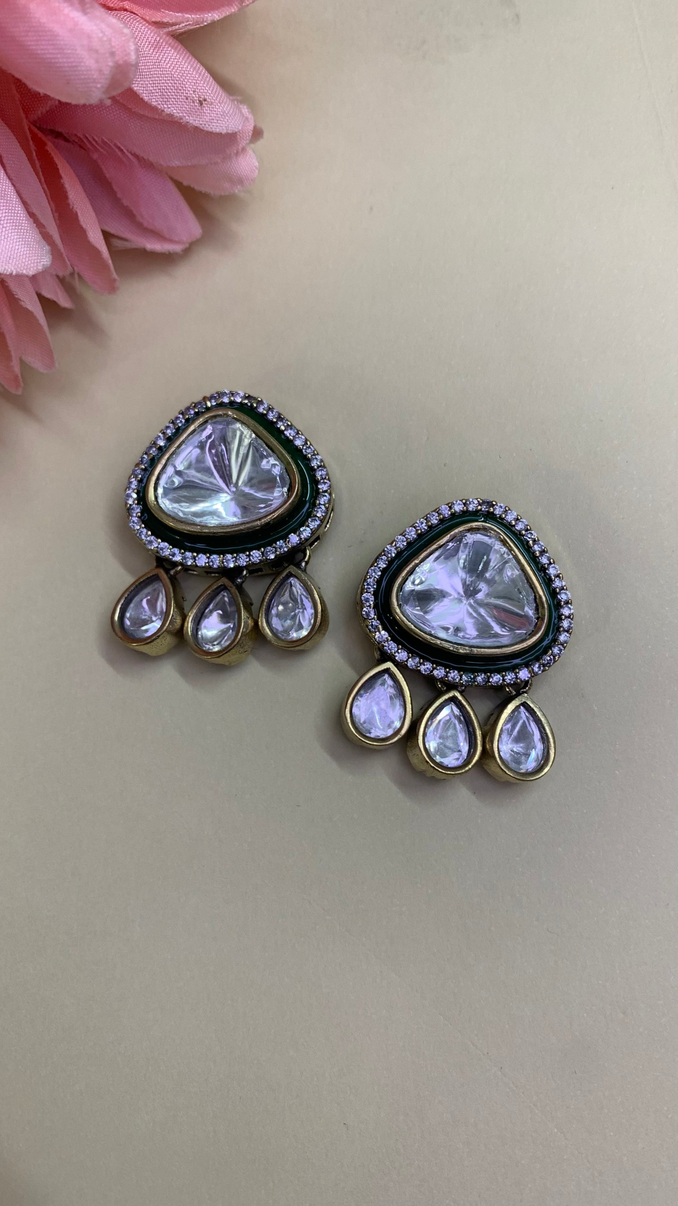 OZEL GOLD AND BLACK PLATED MOISSONITE POLKI DROP EARRINGS