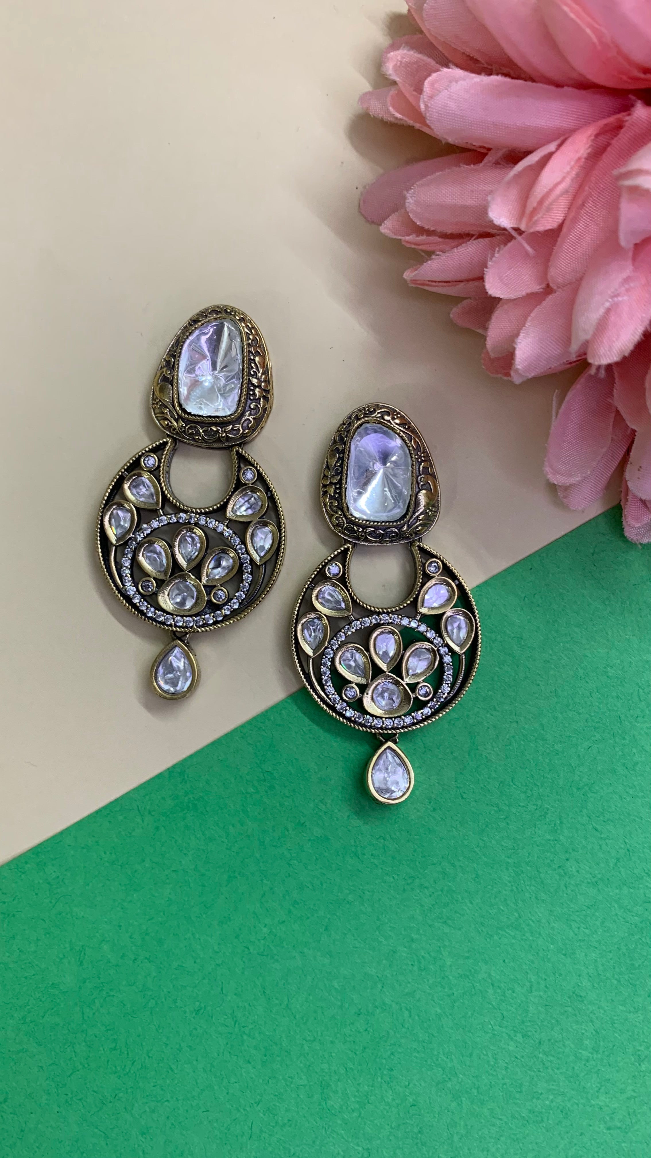 OZEL GOLD AND BLACK PLATED MOISSONITE POLKI DANGLE EARRINGS