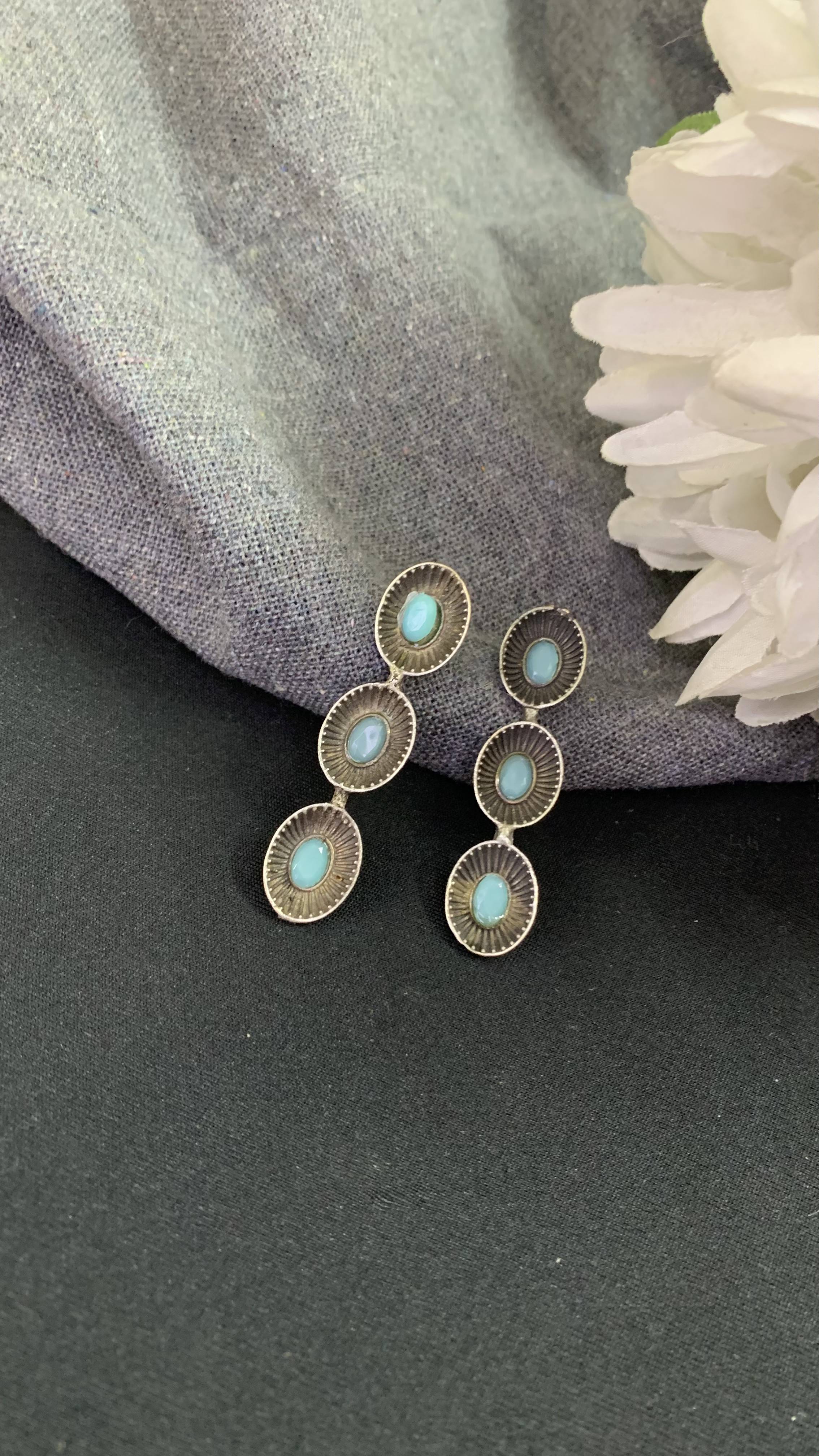 OZEL OXIDISED SILVER PLATED WITH TURQUOISE STONES STUDDED EAR DROP EARRINGS