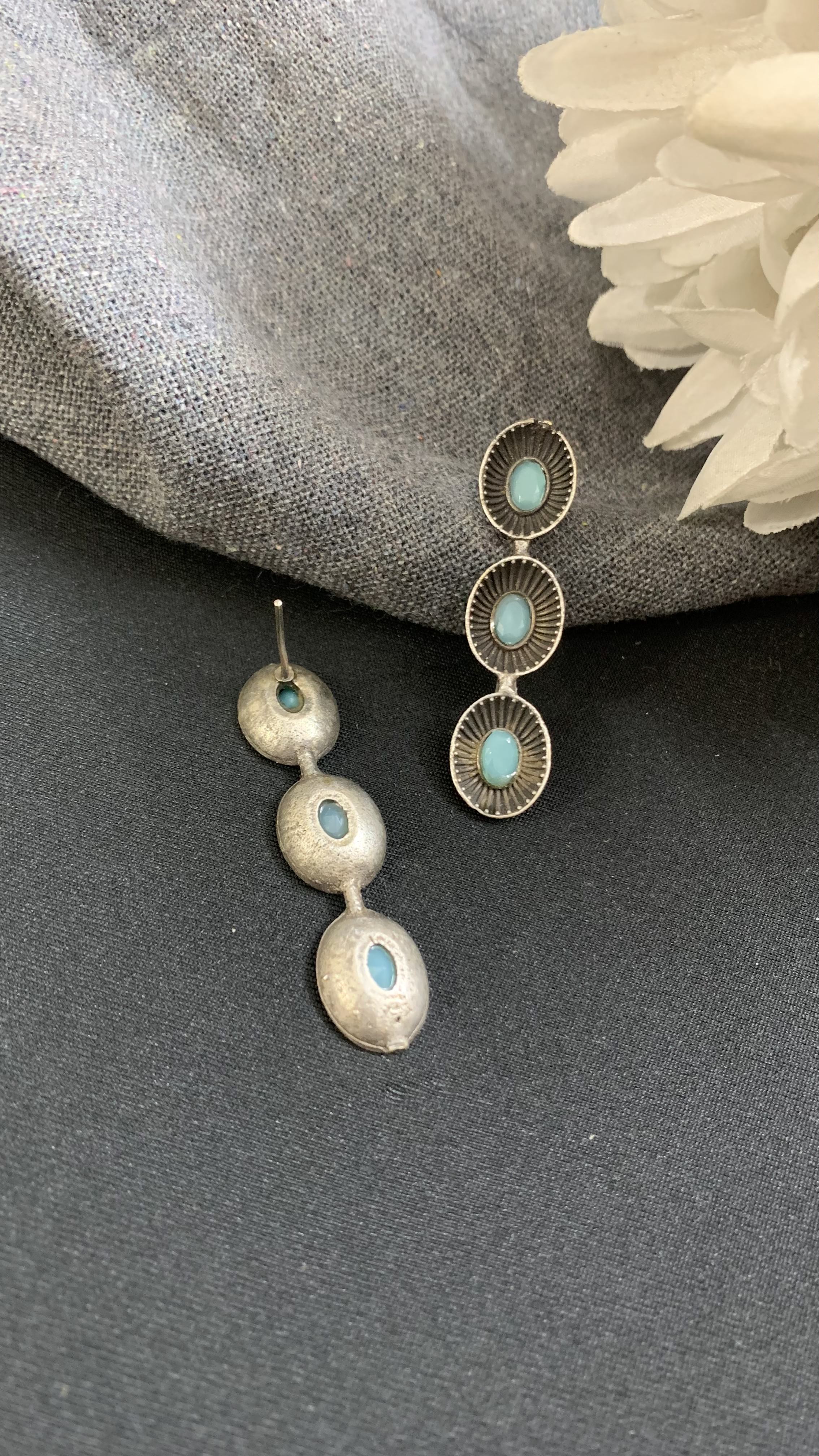 OZEL OXIDISED SILVER PLATED WITH TURQUOISE STONES STUDDED EAR DROP EARRINGS