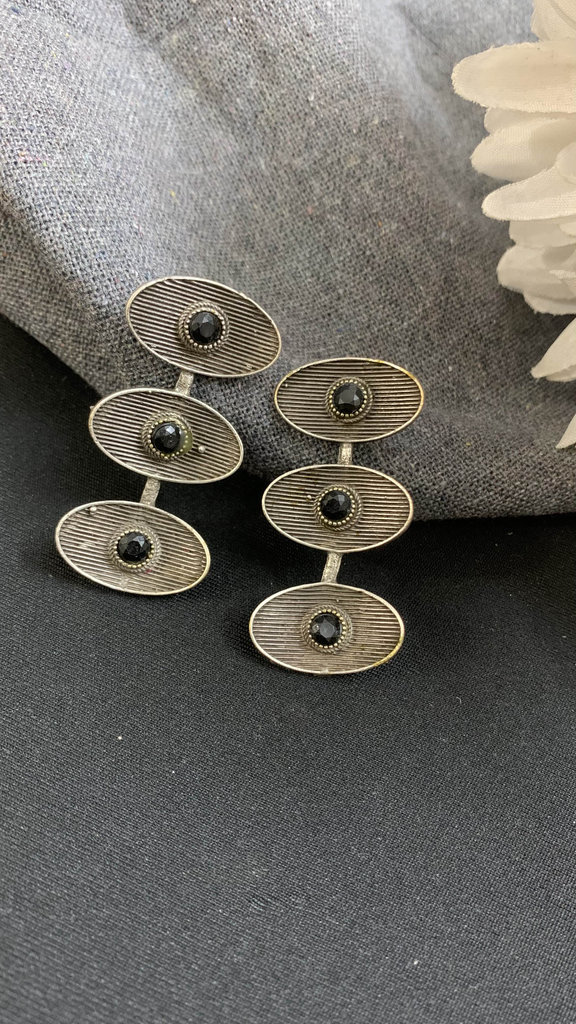 OZEL OXIDISED SILVER PLATED WITH BLACK STONES STUDDED EAR DROP EARRINGS