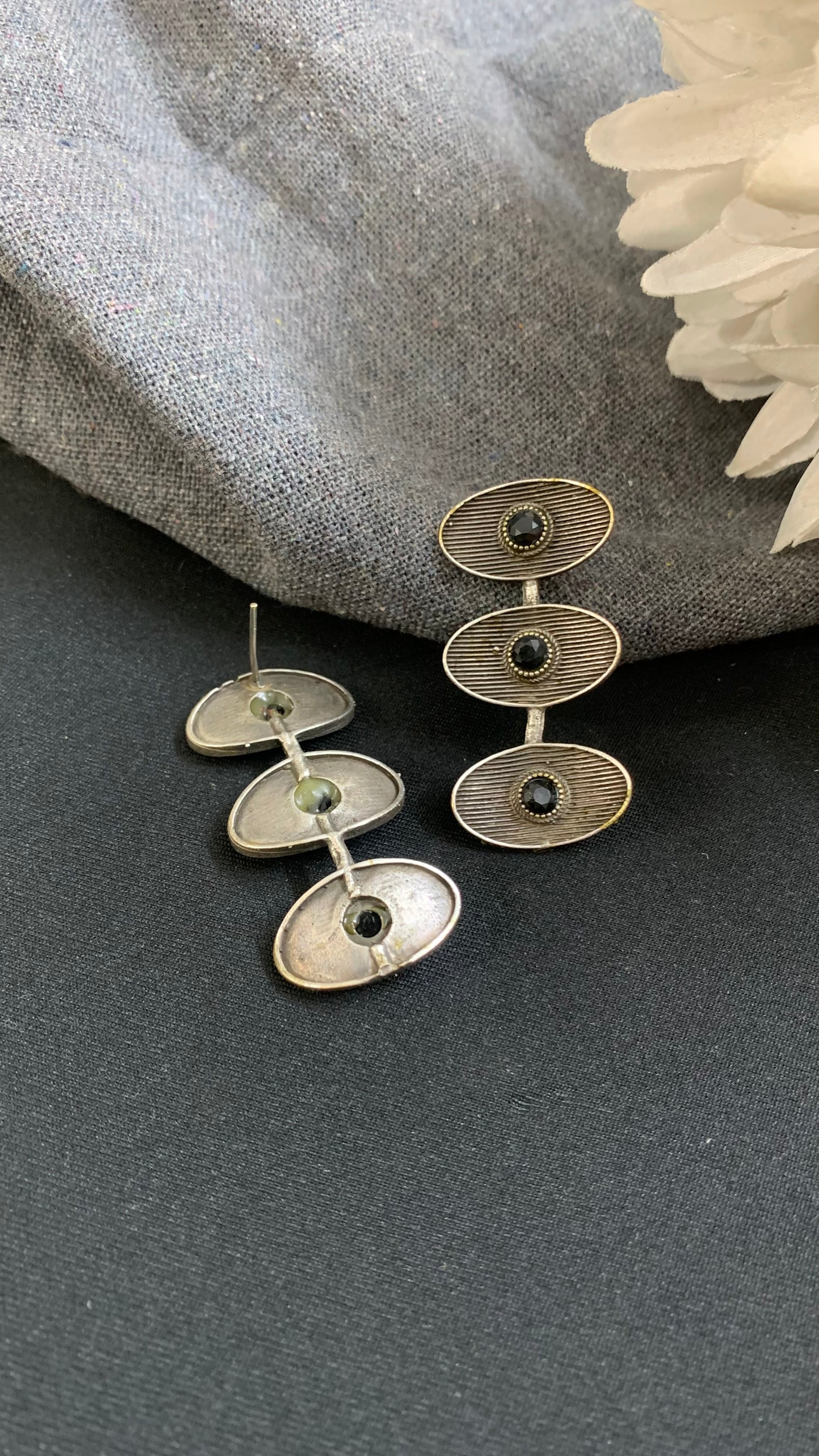 OZEL OXIDISED SILVER PLATED WITH BLACK STONES STUDDED EAR DROP EARRINGS