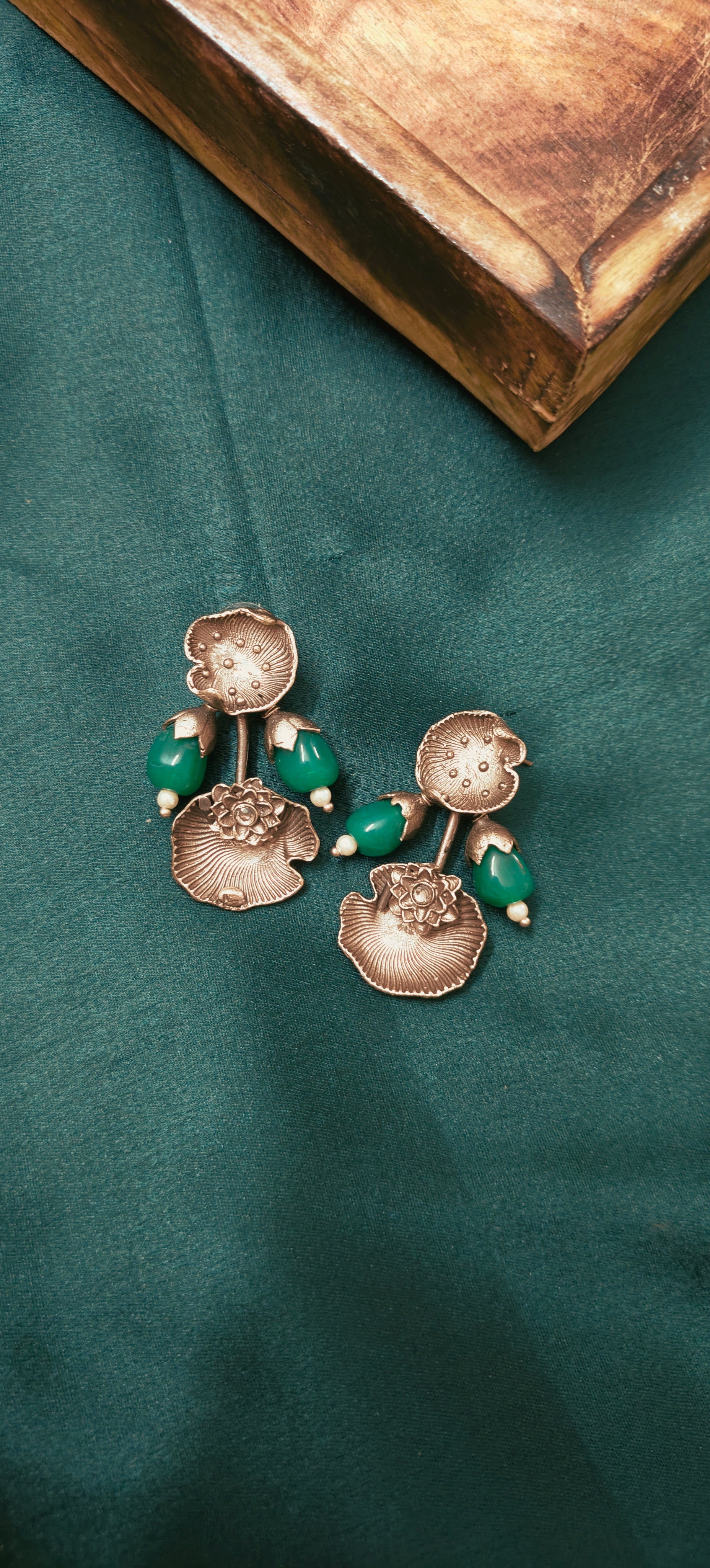 Ozel Oxidised Silver Plated with Emerald Green Stone Earrings