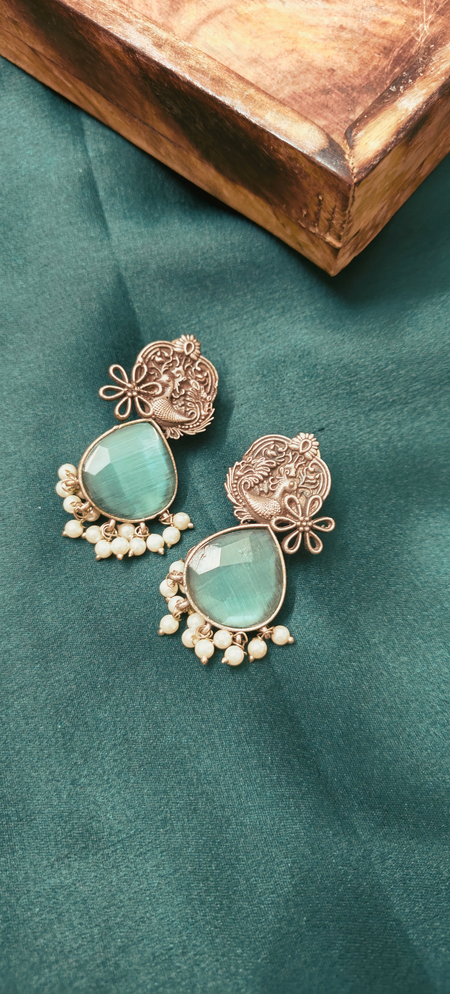 Ozel Oxidised Silver Plated with Mint Green Stone and Pearls Long Earrings