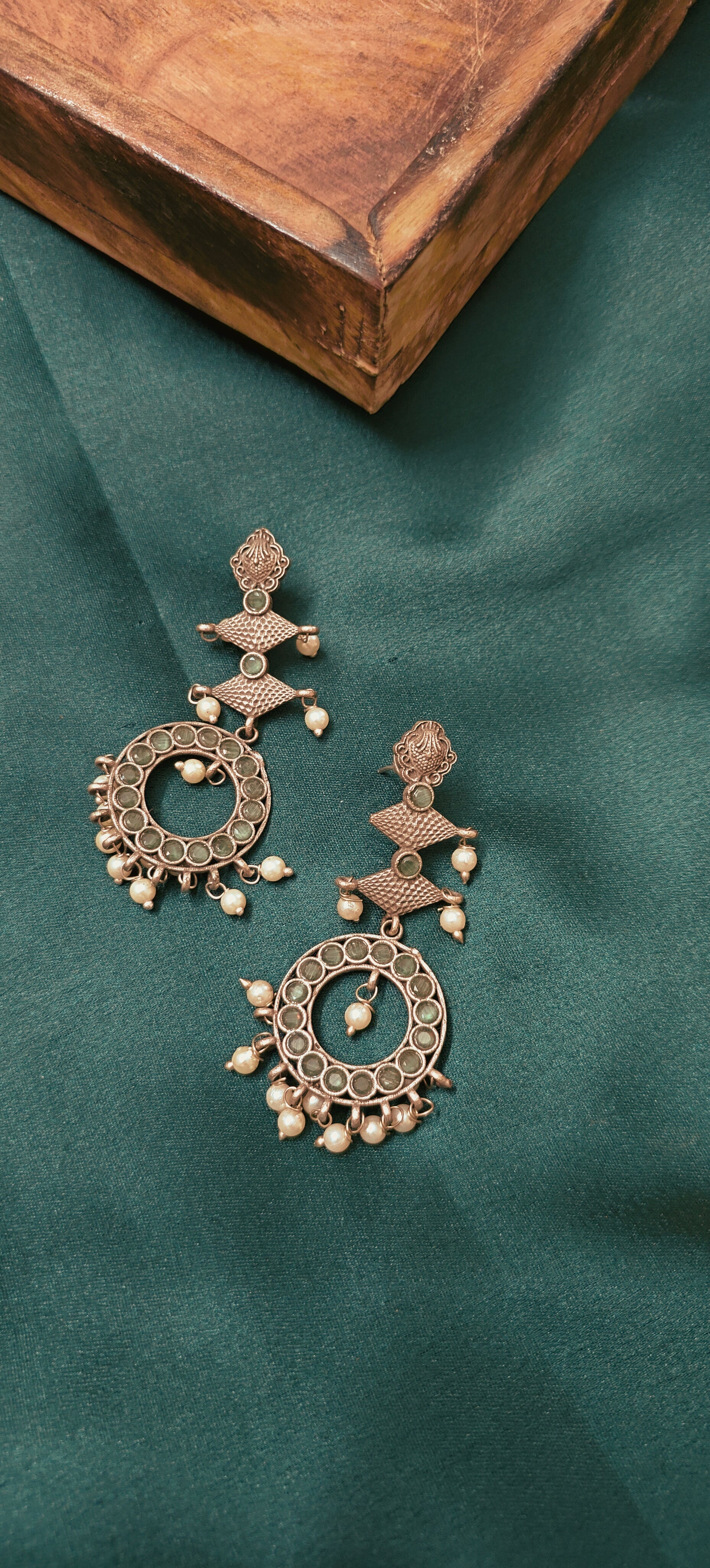 Ozel Oxidised Silver Plated with Mint Green Stone and Pearls Long Earrings