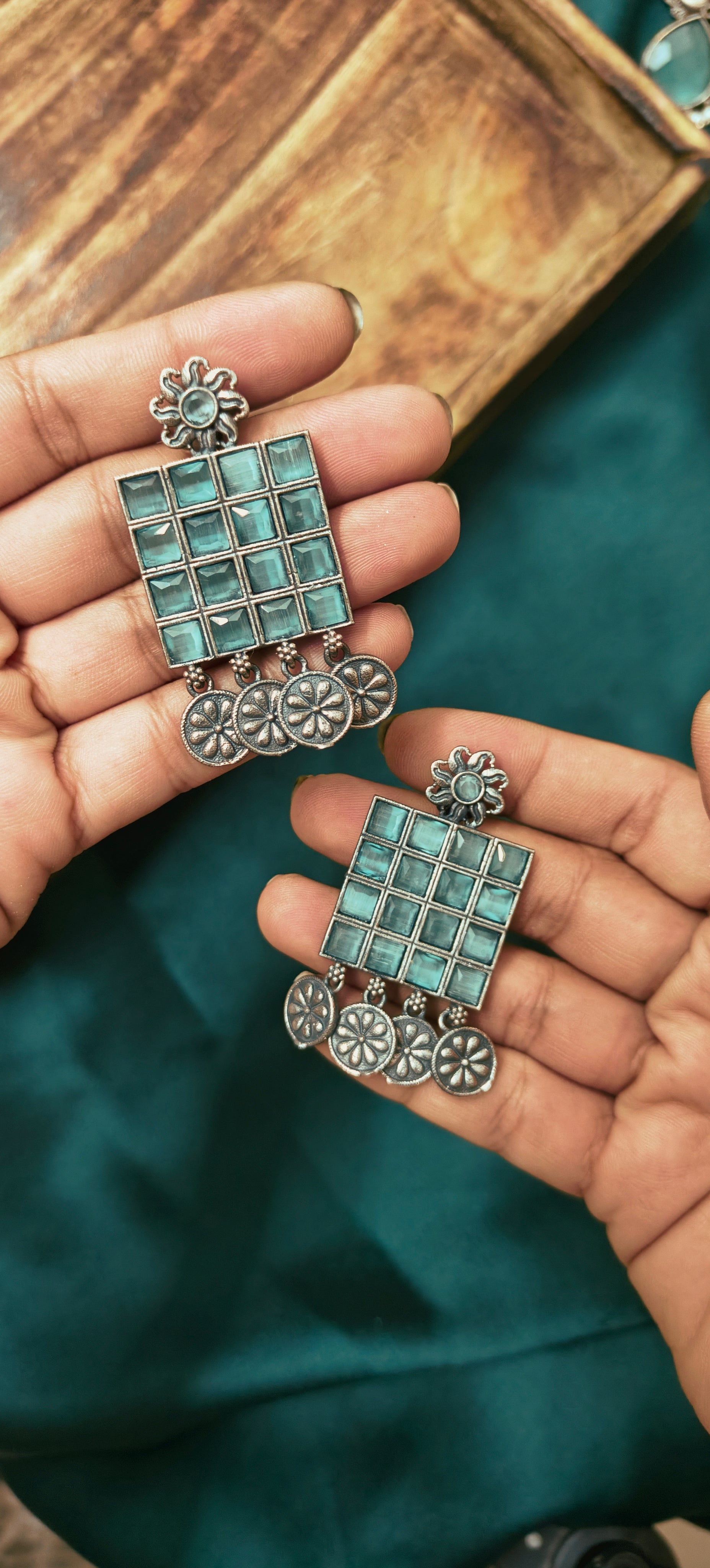Ozel Oxidised Silver Plated with Mint Green Stone and Pearls Long Earrings