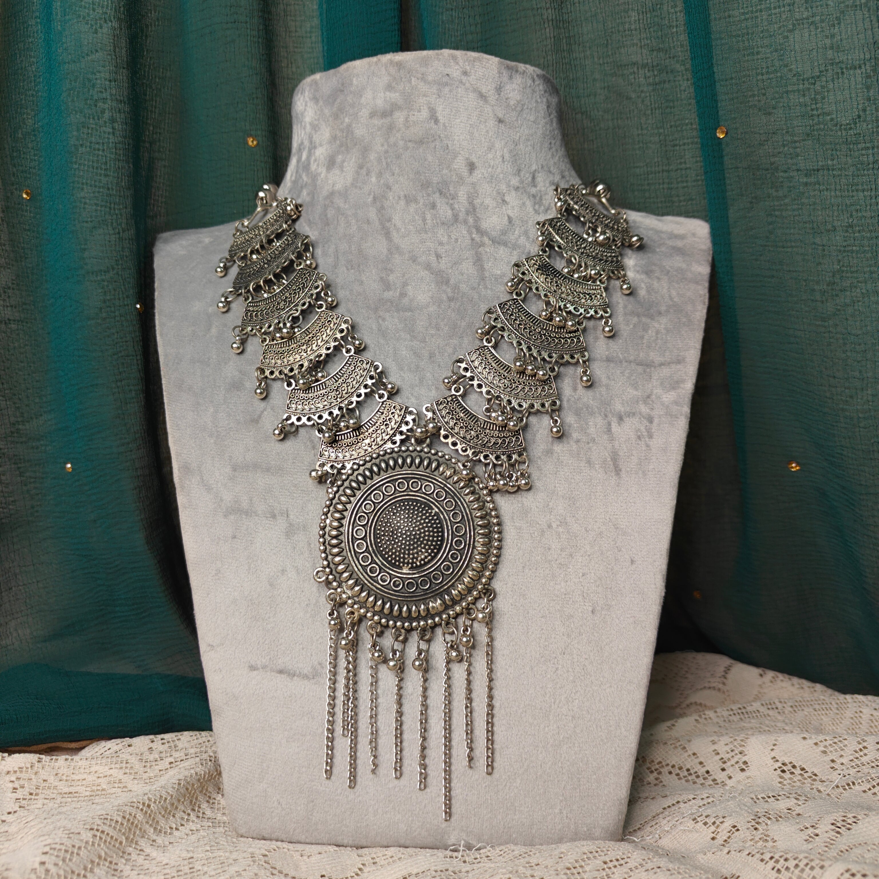 Oxidised Silver Long Necklace Set