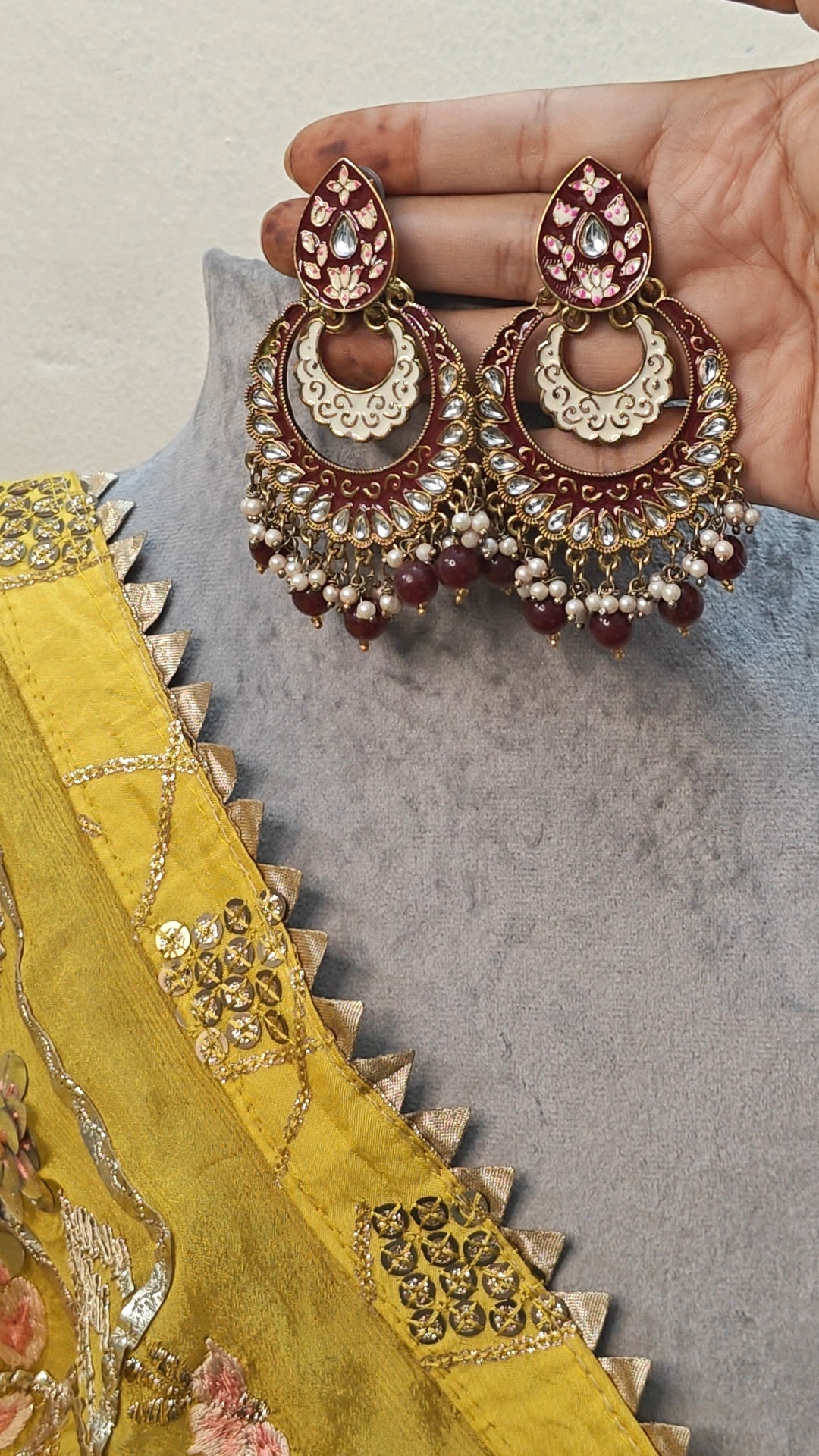 Kundan Chandbali Earrings with Red Beads