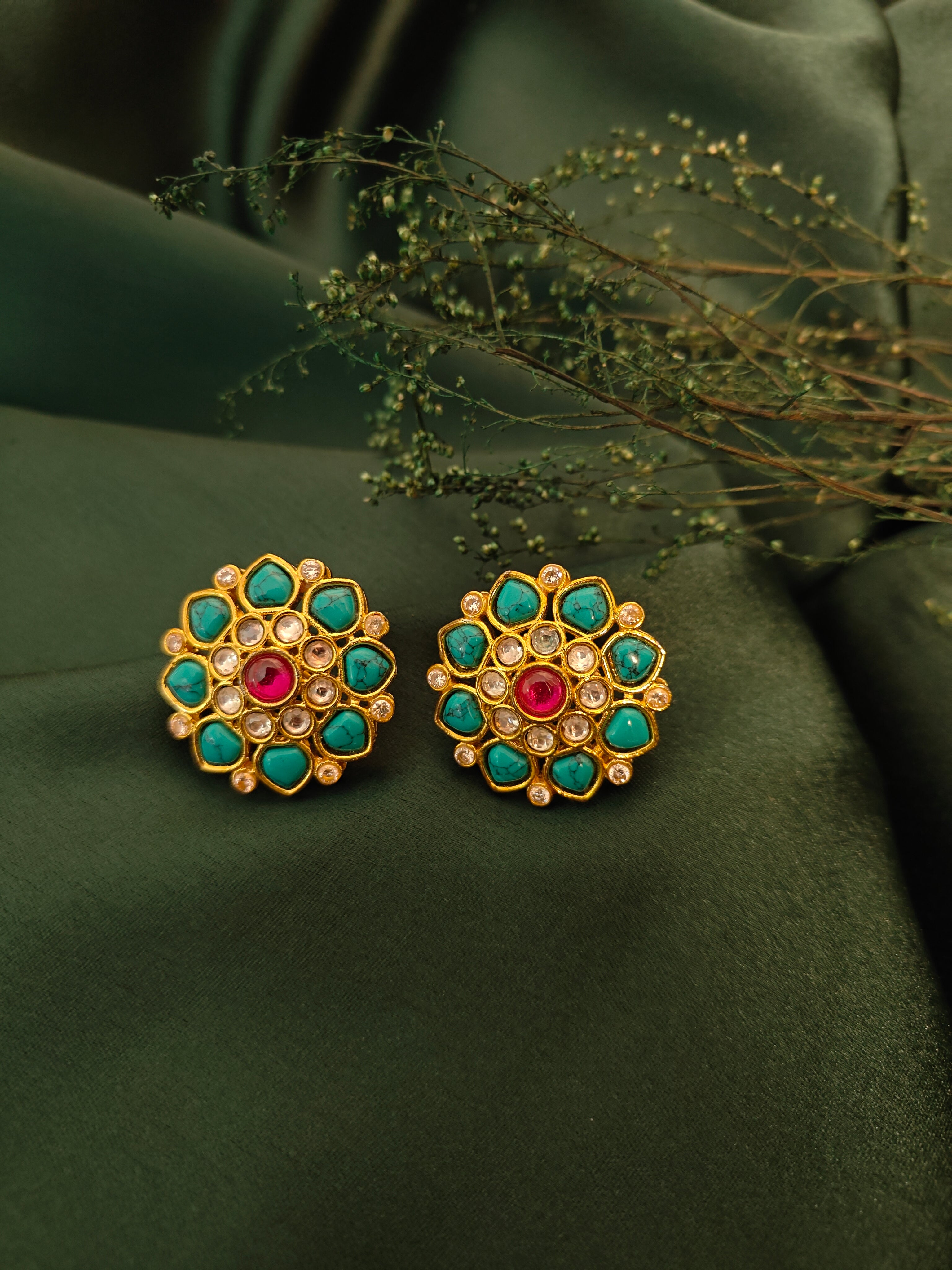 Kundan Polki Ear Studs with Turquoise Stone