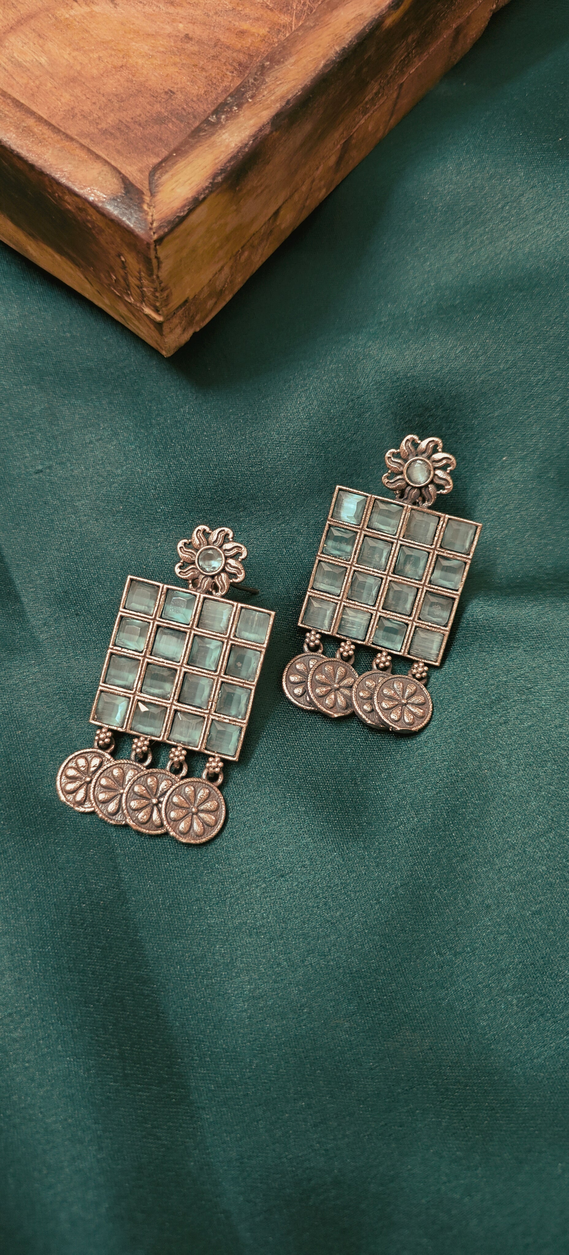 Ozel Oxidised Silver Plated with Mint Green Stone and Pearls Long Earrings