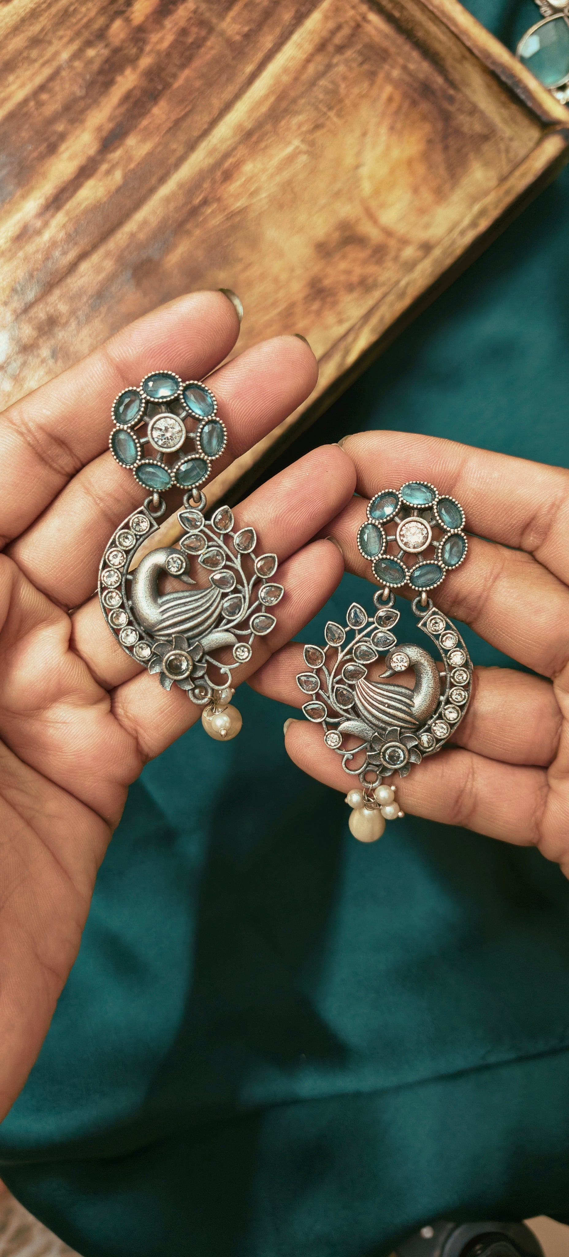 Ozel Oxidised Silver Plated with Mint Green Stone and Pearls Long Earrings