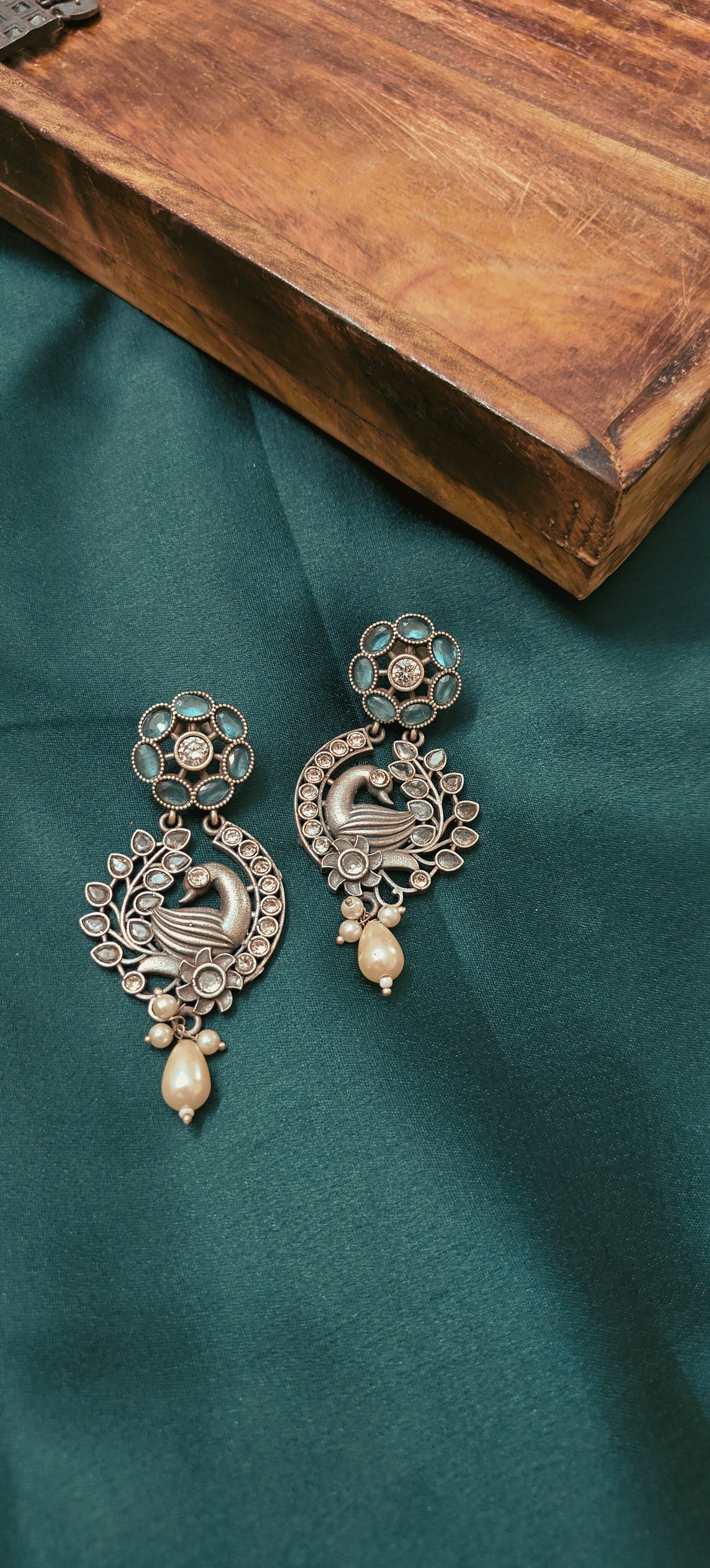 Ozel Oxidised Silver Plated with Mint Green Stone and Pearls Long Earrings