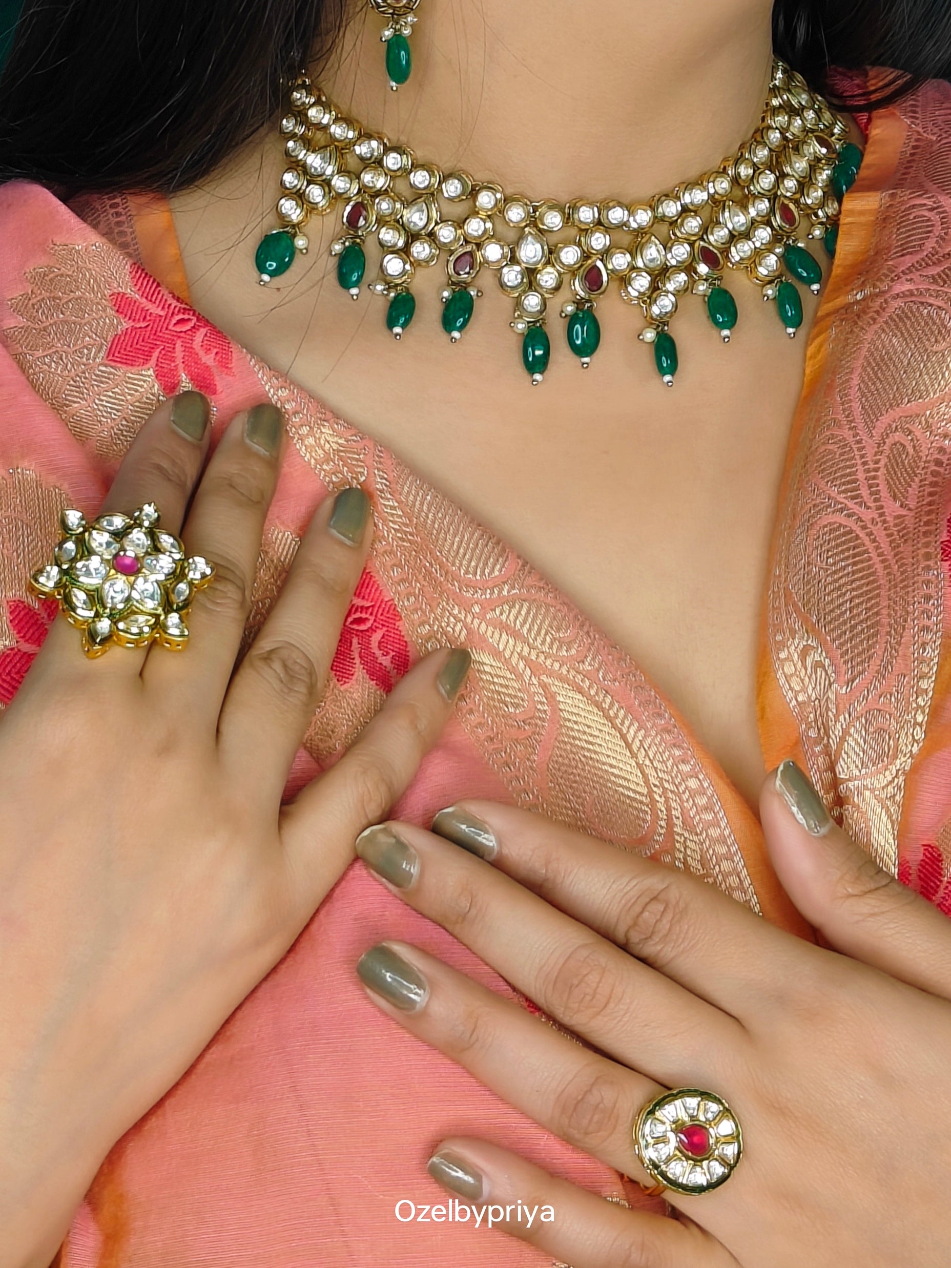 Kundan Necklace Set with Green Emerald Stones