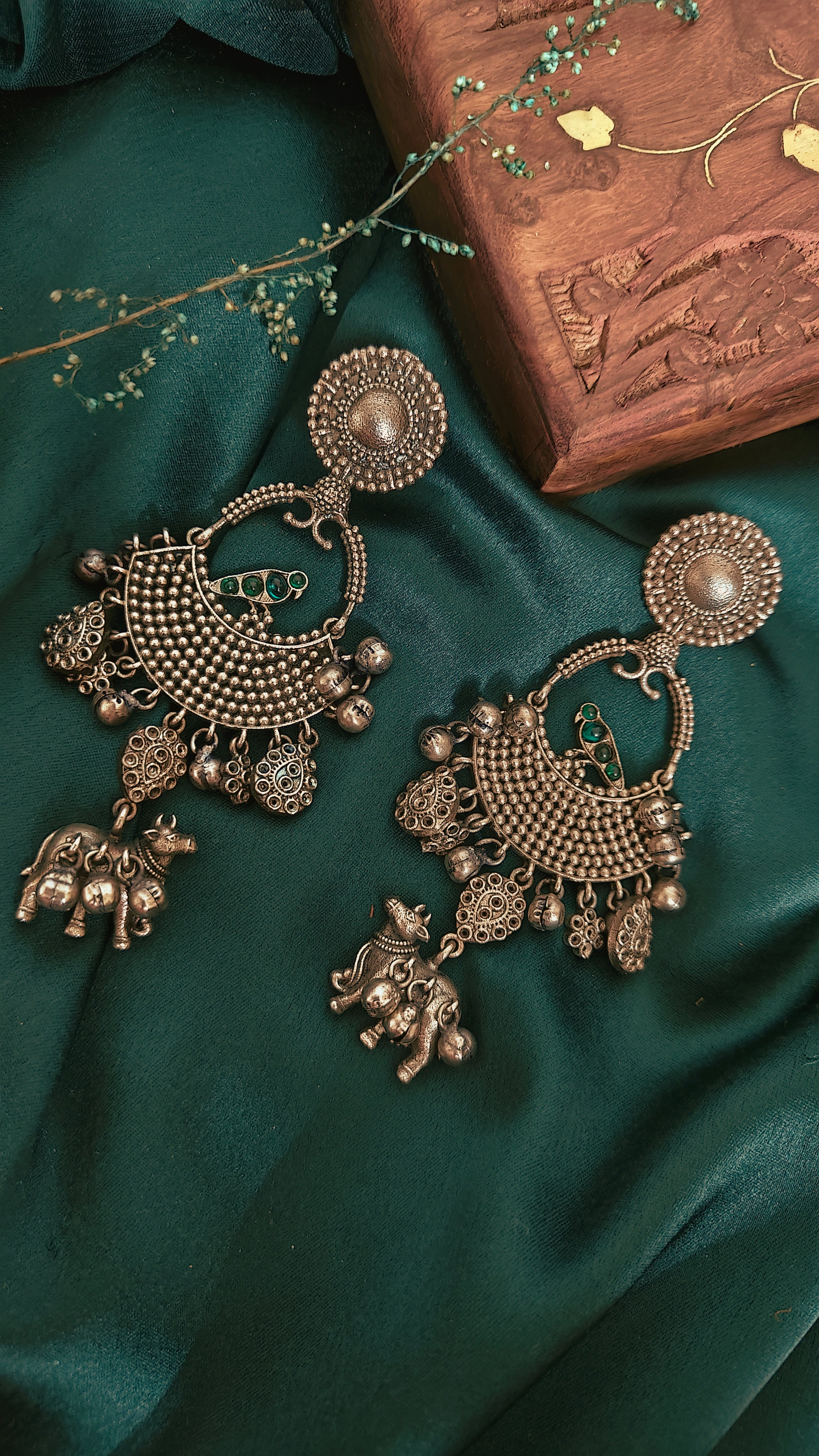 Ozel Oxidised Silver Plated Chandbali Earrings