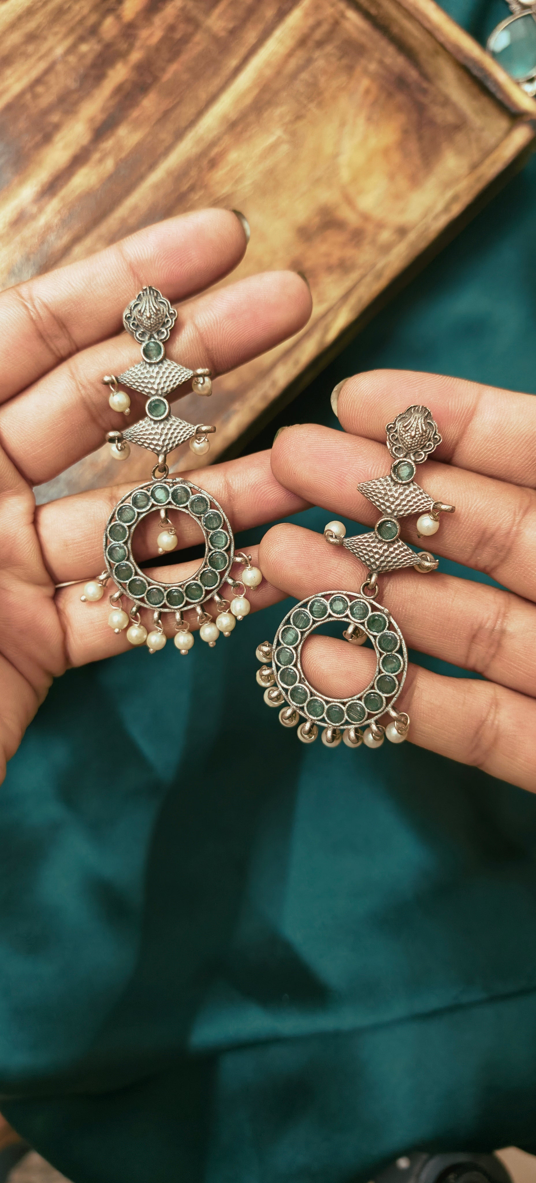 Ozel Oxidised Silver Plated with Mint Green Stone and Pearls Long Earrings