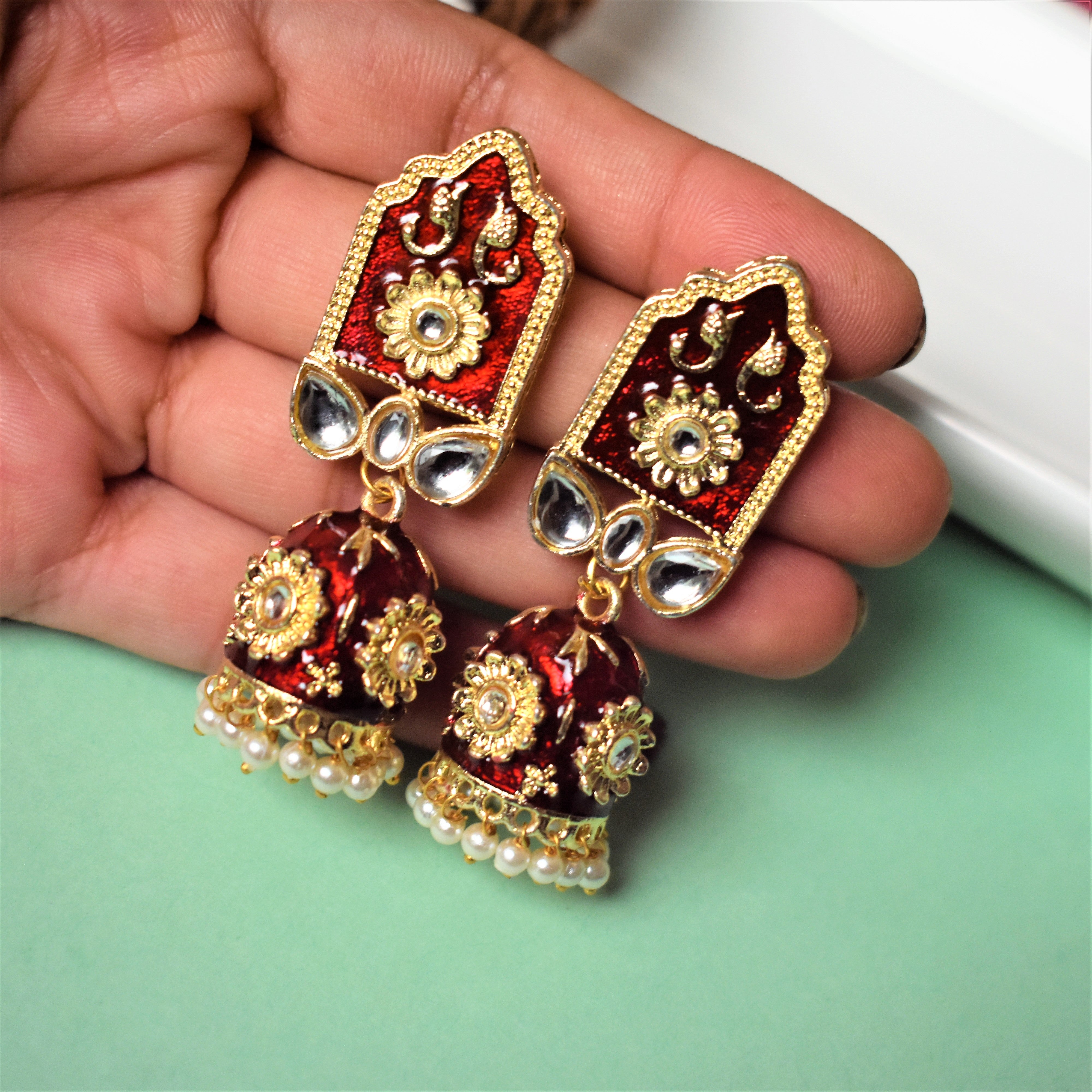 KUNDAN AND ENAMEL JHUMKA EARRING
