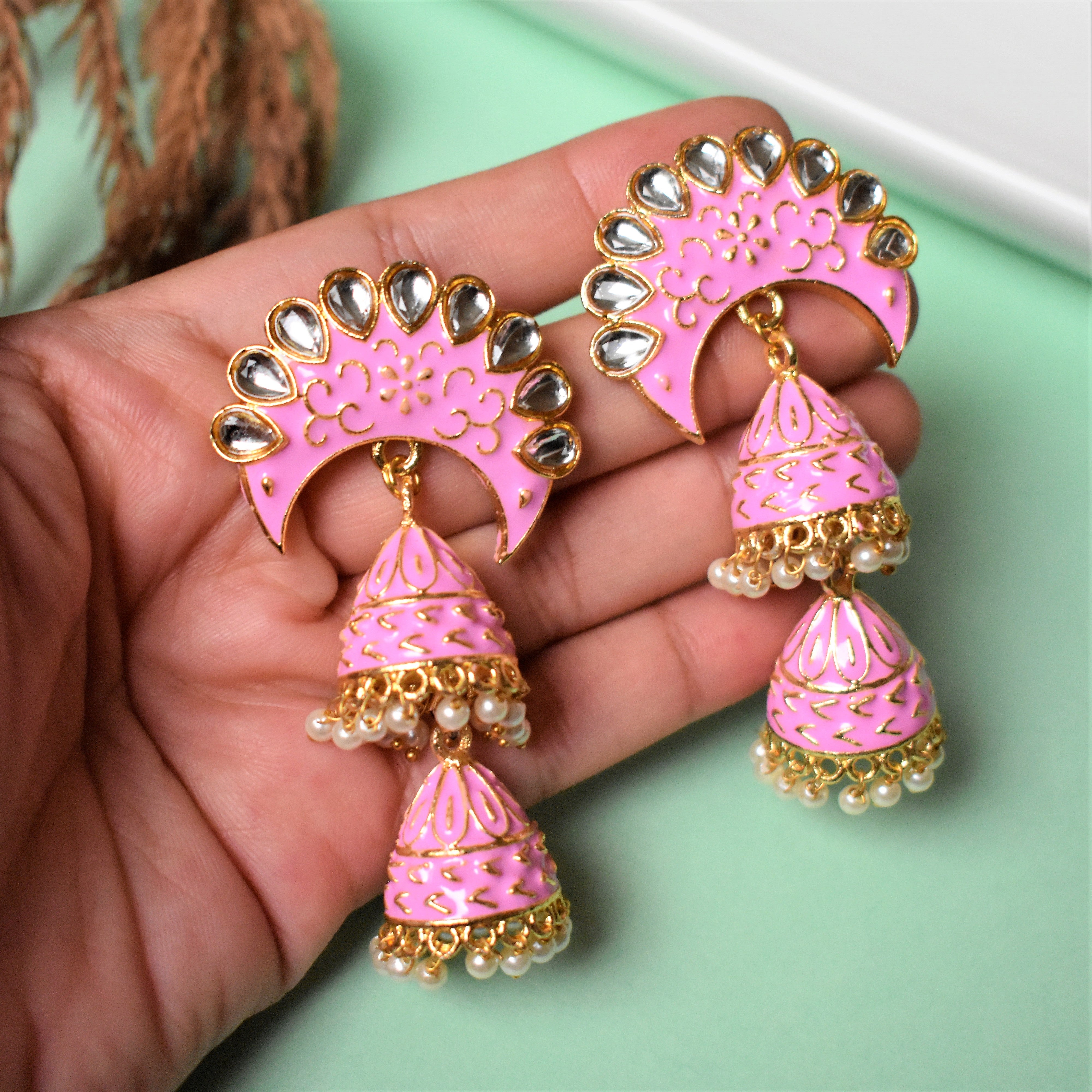KUNDAN AND ENAMEL DOUBLE LAYERED JHUMKA EARRING