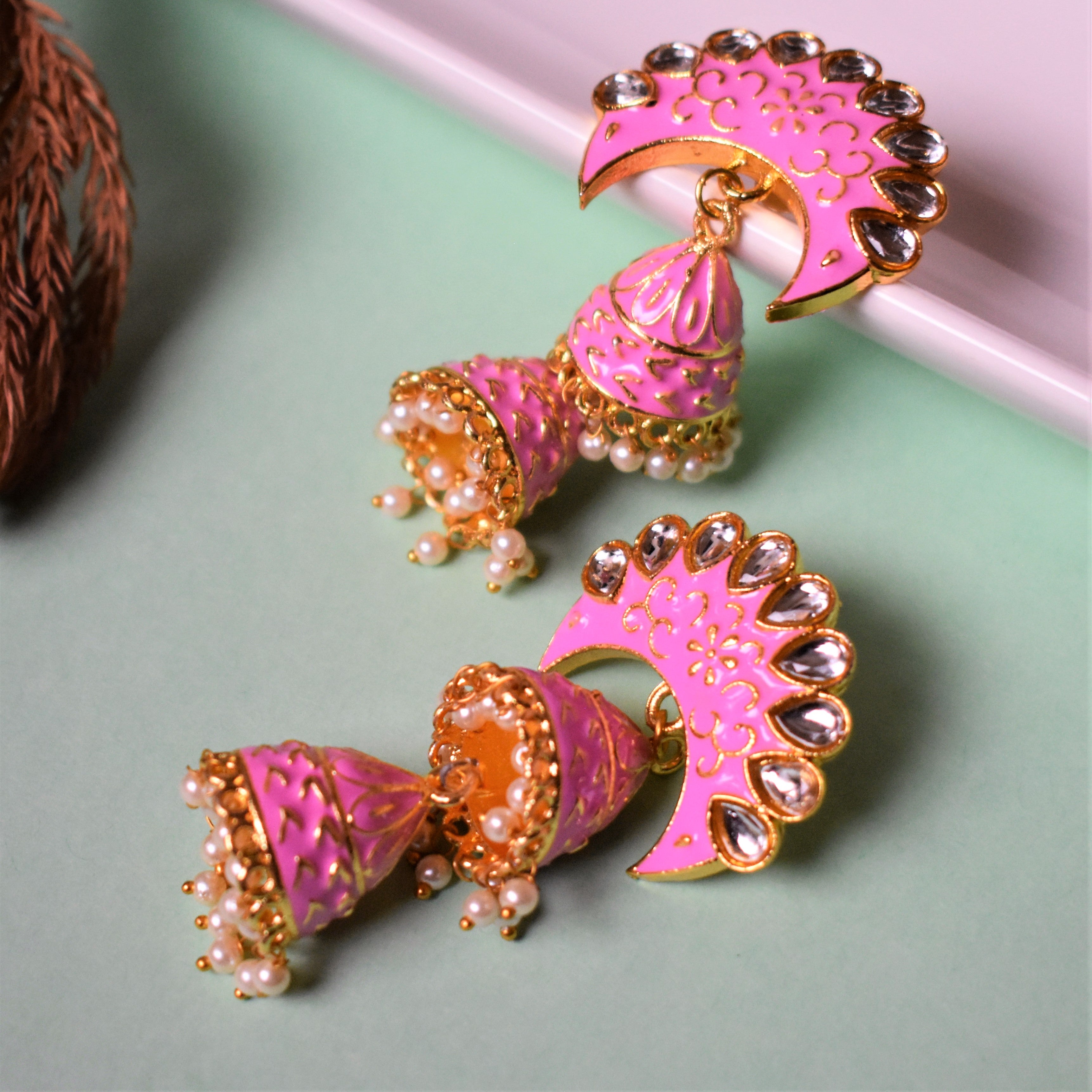 KUNDAN AND ENAMEL DOUBLE LAYERED JHUMKA EARRING