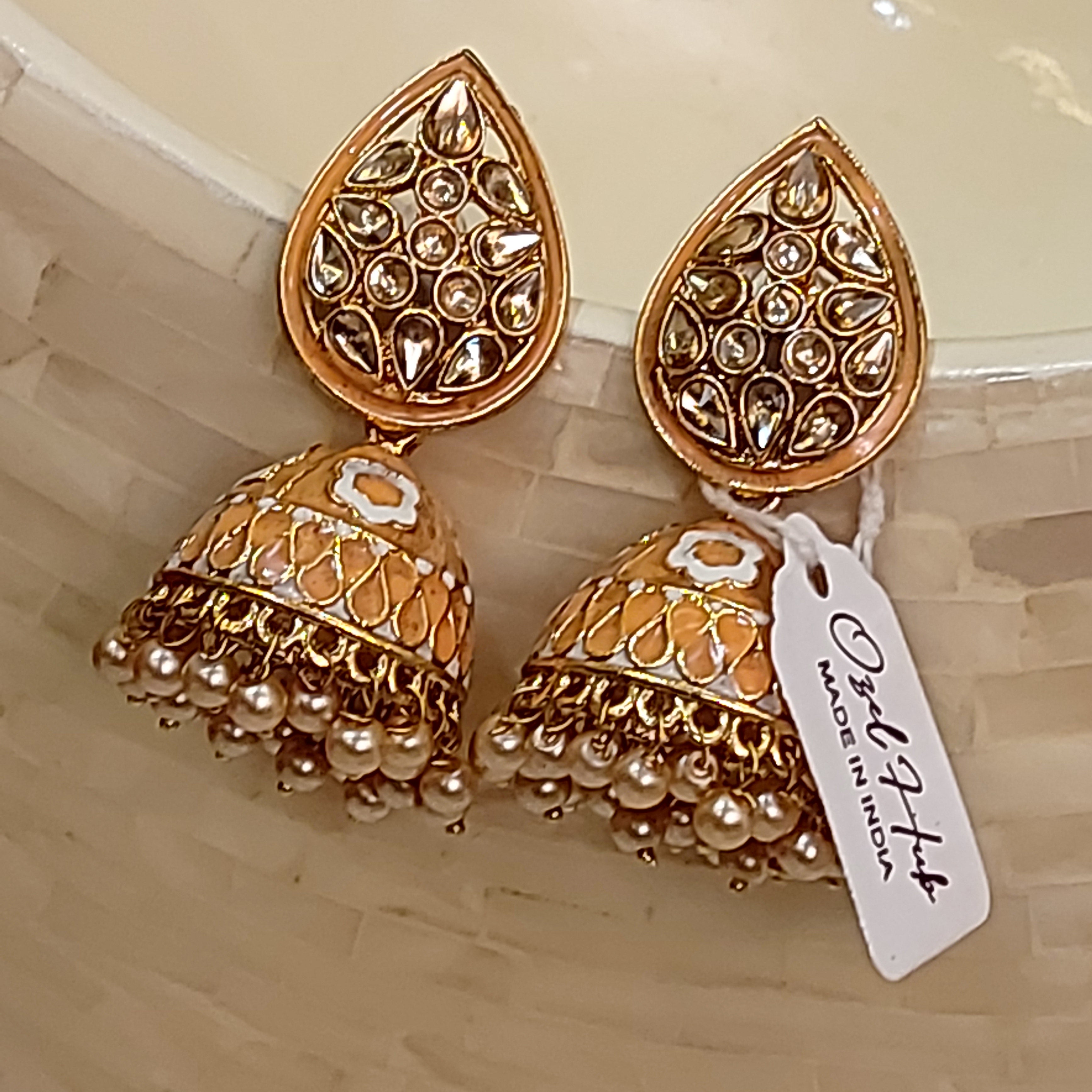 YELLOW ENAMEL JHUMKA EARRING WITH KUNDAN ELEMENTS