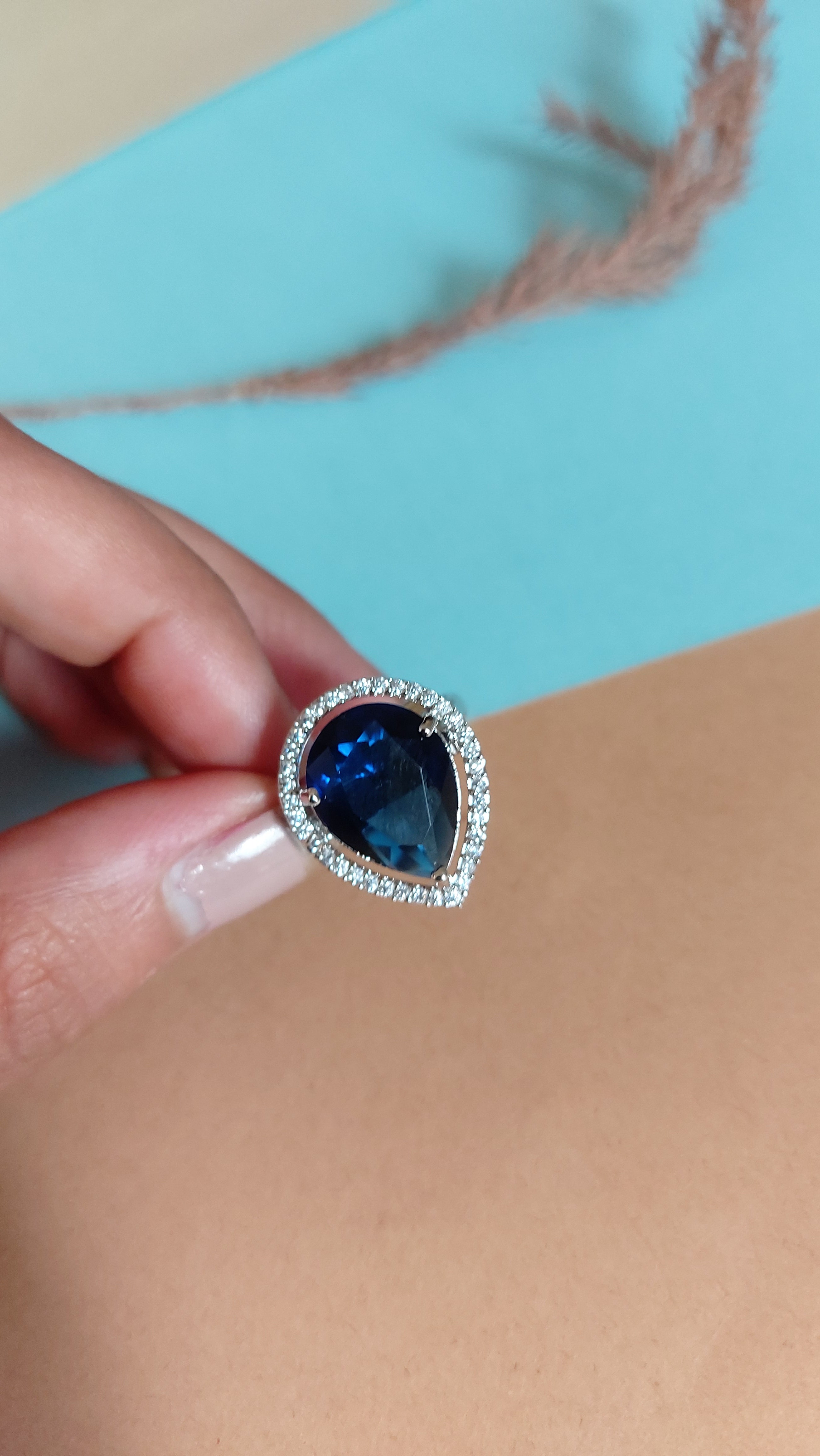 PEAR CUT BLUE SAPPHIRE STONE WITH AMERICAN DIAMOND ADJUSTABLE RING