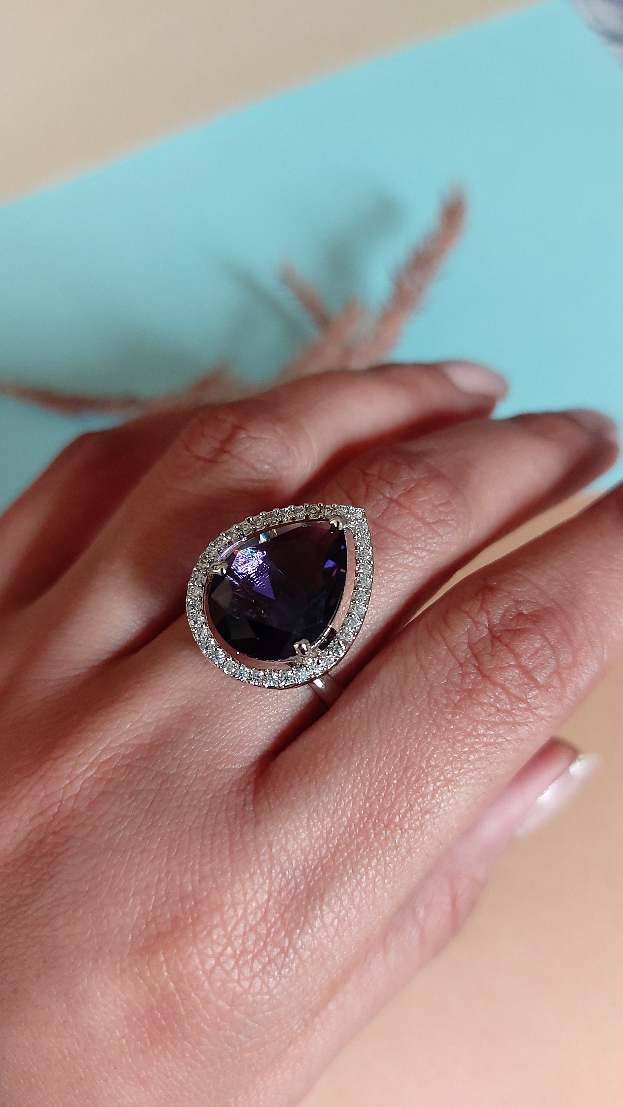 PEAR CUT AMYTHYST STONE WITH AMERICAN DIAMOND ADJUSTABLE RING