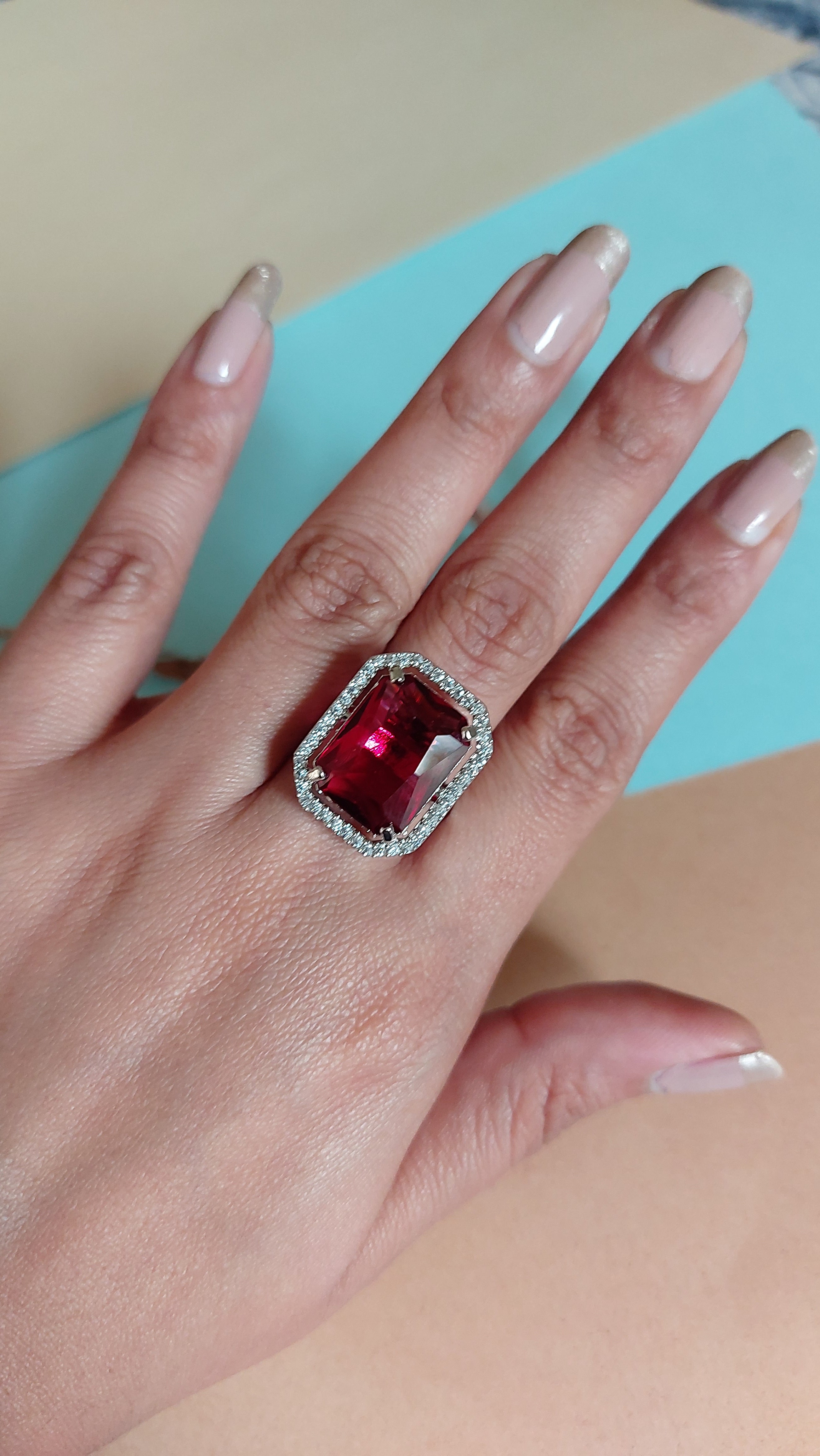 EMERALD CUT RUBY STONE WITH AMERICAN DIAMOND ADJUSTABLE RING