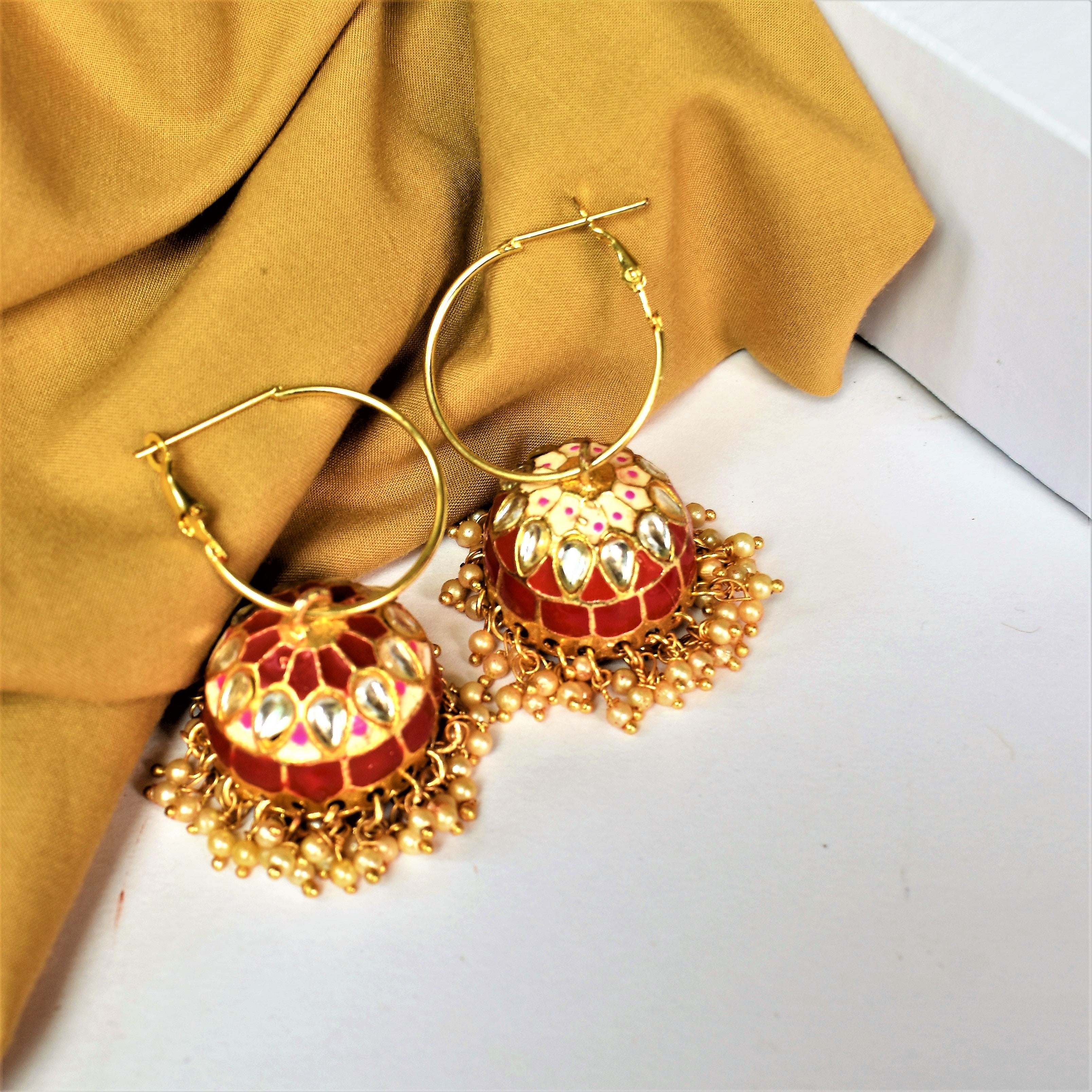 ENAMEL JHUMKA HOOP EARRING WITH KUNDAN ELEMENTS